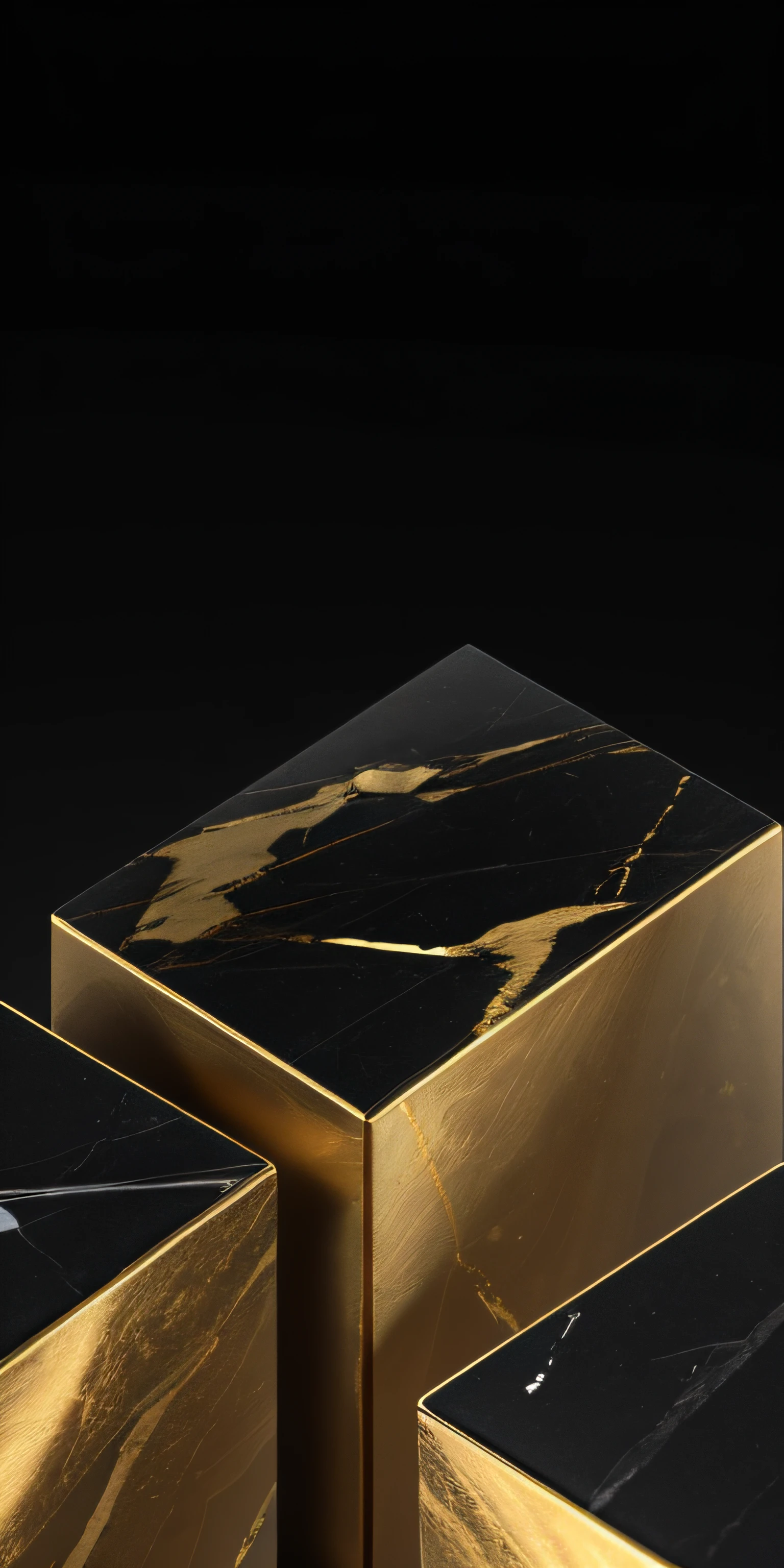 There are three black boxes,There is a gold thread on it,black marble, marble material, with black background, 4K detail, high angle close up shot, exquisite marble details, isometric 8k, beveled edges, cubes on table, stone marble, The background is black,Octane rendering,tmasterpiece