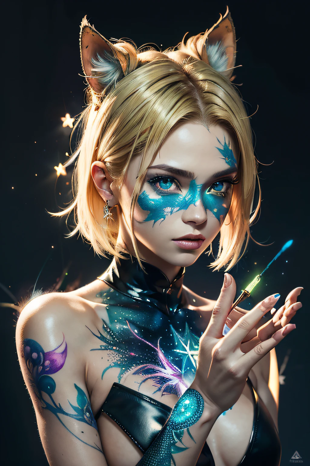 Epic poster, floresta, bagas, ""Android 18 + Tatuagem Estrela dark green Neon""Female blond forest wildcat, lindos olhos relectivos azul escuro, Capacho, pintura em aquarela, brilhante, Beautiful,""tatuagem estrela vermelho neon"", Rim lighting, altamente detalhado, Magic, fantasia, Arte Digital, WLOP, arte de Carne Griffiths e Wadim Kashin,