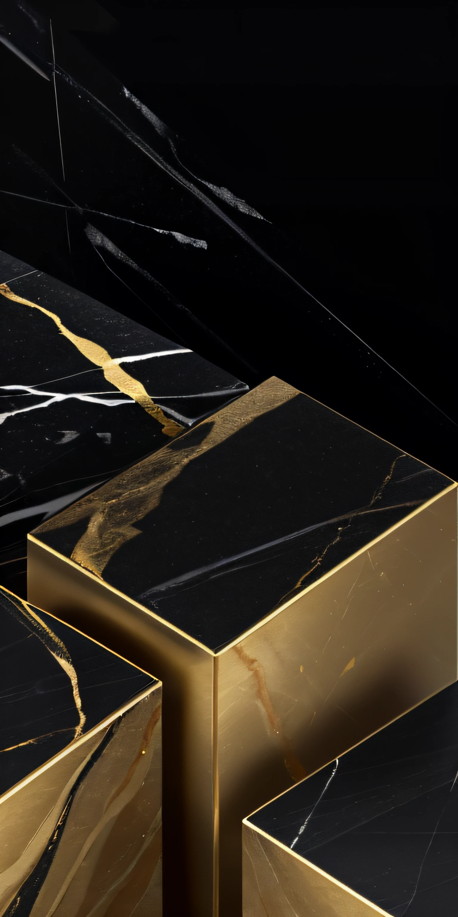 There are three black boxes,There is a gold thread on it,black marble, marble material, with black background, 4K detail, high angle close up shot, exquisite marble details, isometric 8k, beveled edges, cubes on table, stone marble, The background is black,Octane rendering,tmasterpiece