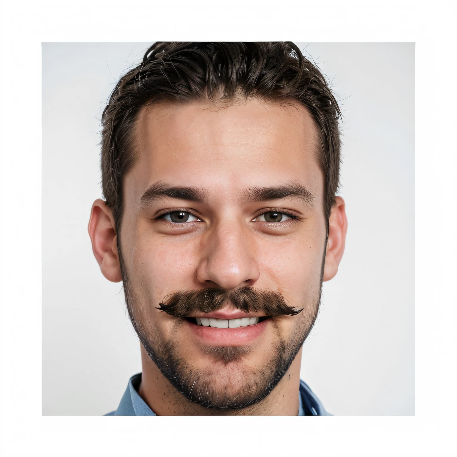 smiling man with beard and mustache wearing a blue shirt, profile portrait, with a small beard, short stubble, slight stubble, headshot portrait, short beard, closeup headshot portrait, high quality portrait, small beard, professional headshot, smiling male, headshot photograph, face with beard, short facial hair, beard stubble, male face, headshot, professional profile photo