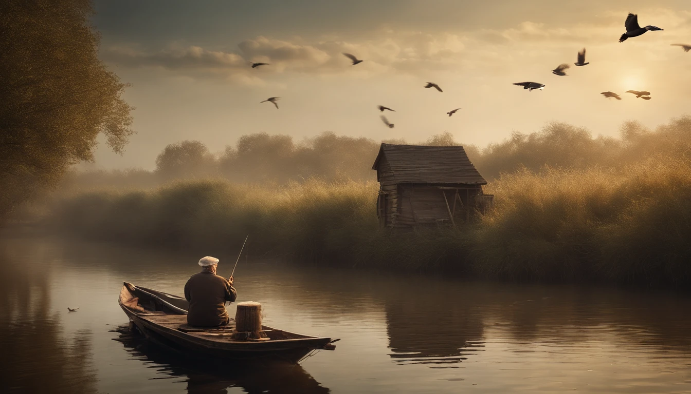 2 old huts on the riverbank, an old man fishing on a boat, ducks and pigeons flying in the sky, a masterpiece