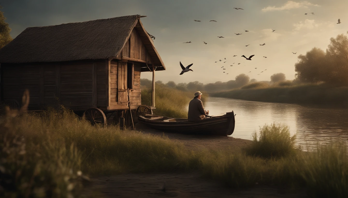 2 old huts on the riverbank, an old man fishing on a boat, ducks and pigeons flying in the sky, a masterpiece
