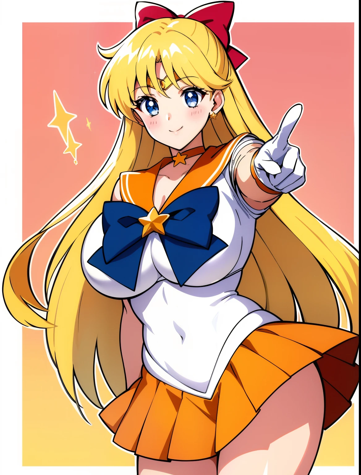 star_(symbol)、starry_background、aino minako、Anime Aunt、MILF、a matural female、A MILF、sailorvenus、rating:safe、Sailor Senshi Uniform、magical little girl、Very long blonde woman、red_bow、Red ribbon on head、Orange sailor collar、Golden sailor collar、bow、purple bowtie、white glove、elbowgloves、White leotard、highleg leotard、robe blanche、solo、Orange Choker、Golden Choker、skirt、Orange skirt、Golden skirt、Blue-eyed boy、hair_bow、Star earrings、Half Up Hair、crescent、a miniskirt、pleatedskirt、orange_background、star_background、Woman with very large breasts、huge tit、smile、jewelry、cowboy_shot、back_bow、looking_at_viewer、index_finger_raised、orange_theme、star_theme、circlet、gradient_background、Woman standing、gradient、blush、pointing、1990's\(styles\)、