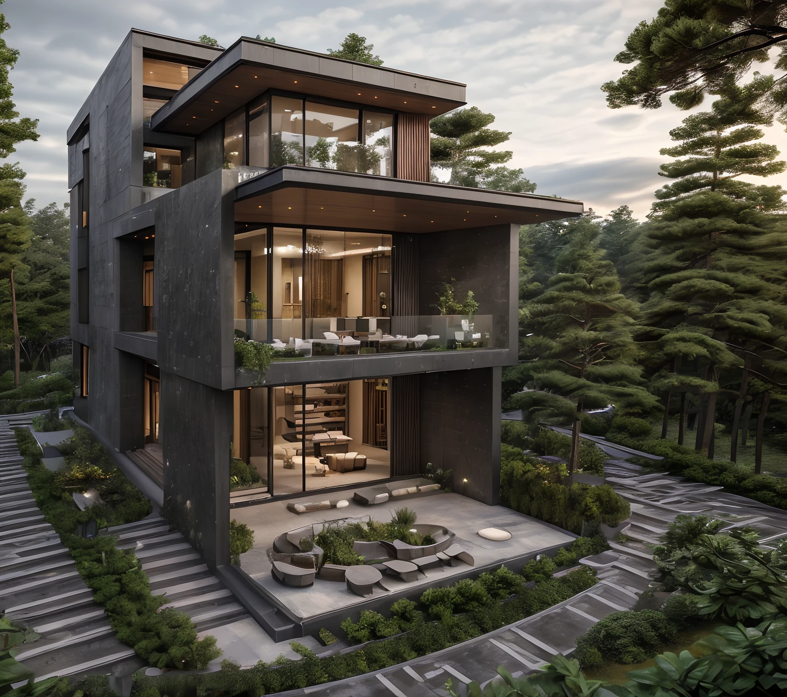 Exterior, mordenhouse, Promt:masterpiece, (photorealistic:1.2), best quality, ultra high res,architechture, exterior,Modern villa on the hill, glass windows,trees,traffic road,r,in the style of realistic hyper-detailed rendering, 32k uhd,composite construction, piles/stacks, innovative page design,daylight,Vray, Artistic iron roof