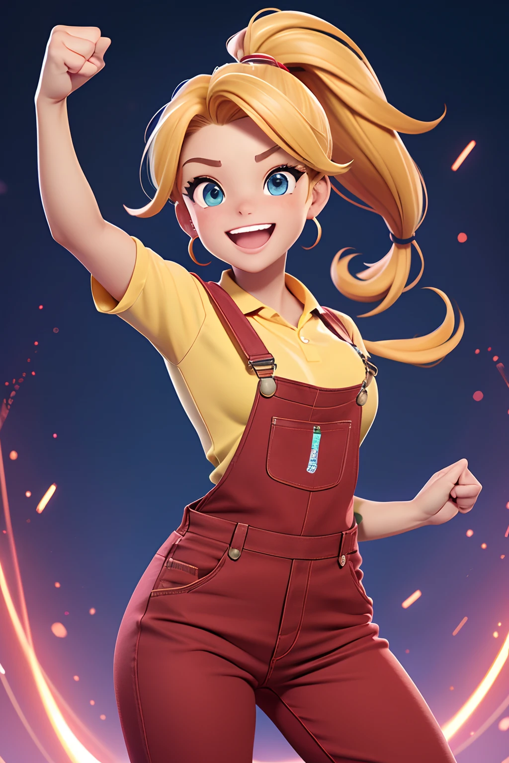 Same Reference Character, headpe, Costas, Laterais, parte de traz, (corpo inteiro: 1.2), dos desenhos animados, with a fist in hand, Pointing your arms to the sky, Torcendo, victory, Feliz, Energetic, rostos festivos, cheerful expressions, momento emocionante, aplausos estrondosos, pulando para cima e para baixo, Raised Hands, Sorrisos, arousal, triunfante, orgulhoso, dinamic poses, wearing red overalls, com bolsos amarelos, blonde hair ponytail, olhos morron, sorriso mostrando os dentes, ((Feliz: 1:1)), (red pants: 1.1), (Green suspenders: 1.1), She's vibrant, euphoric, ecstatic, enthusiastic, Fantastic achievement, Unforgettable Memory, Success, excitante, vibrante, dynamic lighting, (fundo do gradiente da branco claro: 1.1)