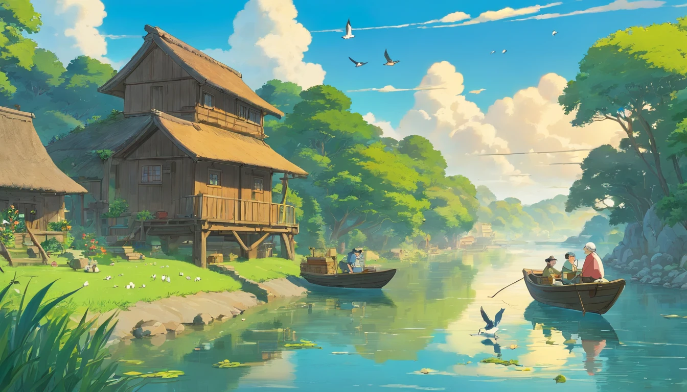 2 old huts on the riverbank, an old man fishing on a boat, ducks and pigeons flying in the sky, a masterpiece