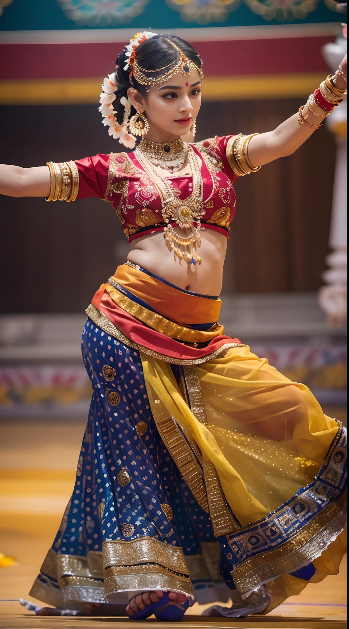 best quality,ultra-detailed,realistic:1.37,Indian classical dancers,detailed hand gestures,dancing with grace and precision,colorful costumes,expressive eyes,ornate jewelry,traditional music and instruments,decorated stage with vibrant backdrops,floating veils and flowing movements,impeccable footwork,traditional makeup and hairstyle,stunning facial expressions,captivating storytelling through dance,cultural heritage,artistic performance,graceful body movements,traditional dance postures,epic storytelling through dance,lively expressions and emotions,artistic lighting and shadows,vibrant colors and patterns,classical dance form,traditional dance poses,graceful body movements,exquisite hand movements,poetry in motion,energetic and rhythmic movements,graceful spins and turns,poetic expressions,charming smiles and facial expressions,divine connection between dancers and music,visual feast of Indian culture and tradition.