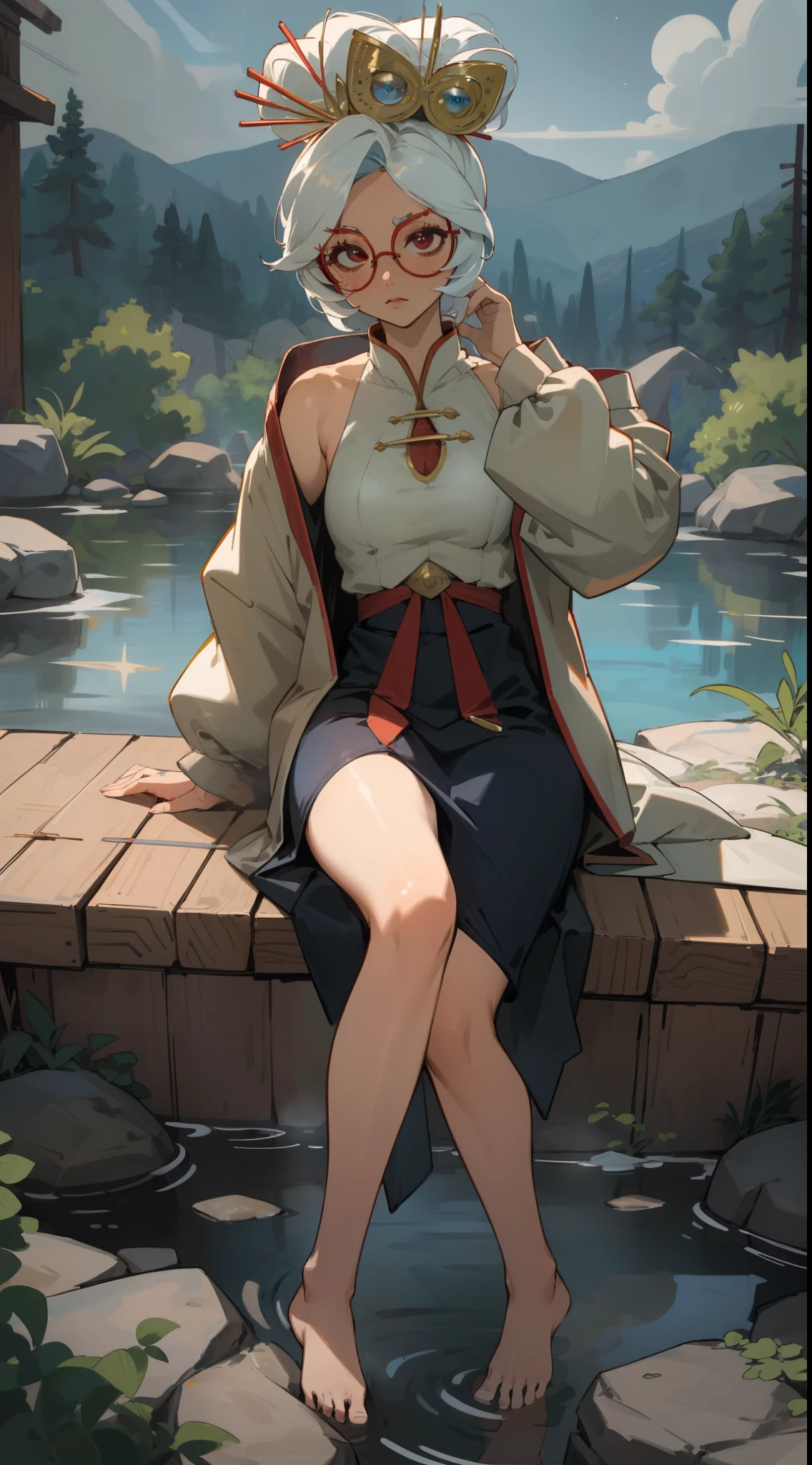masterpiece, realistic, best quality, purah, red glasses, hair ornament, white jacket, sleeveless shirt, full body, smug, sky, forest, night sky, taking jacket off, rock Hot springs, stripping clothes off, sitting on rocks, feet in hot spring water