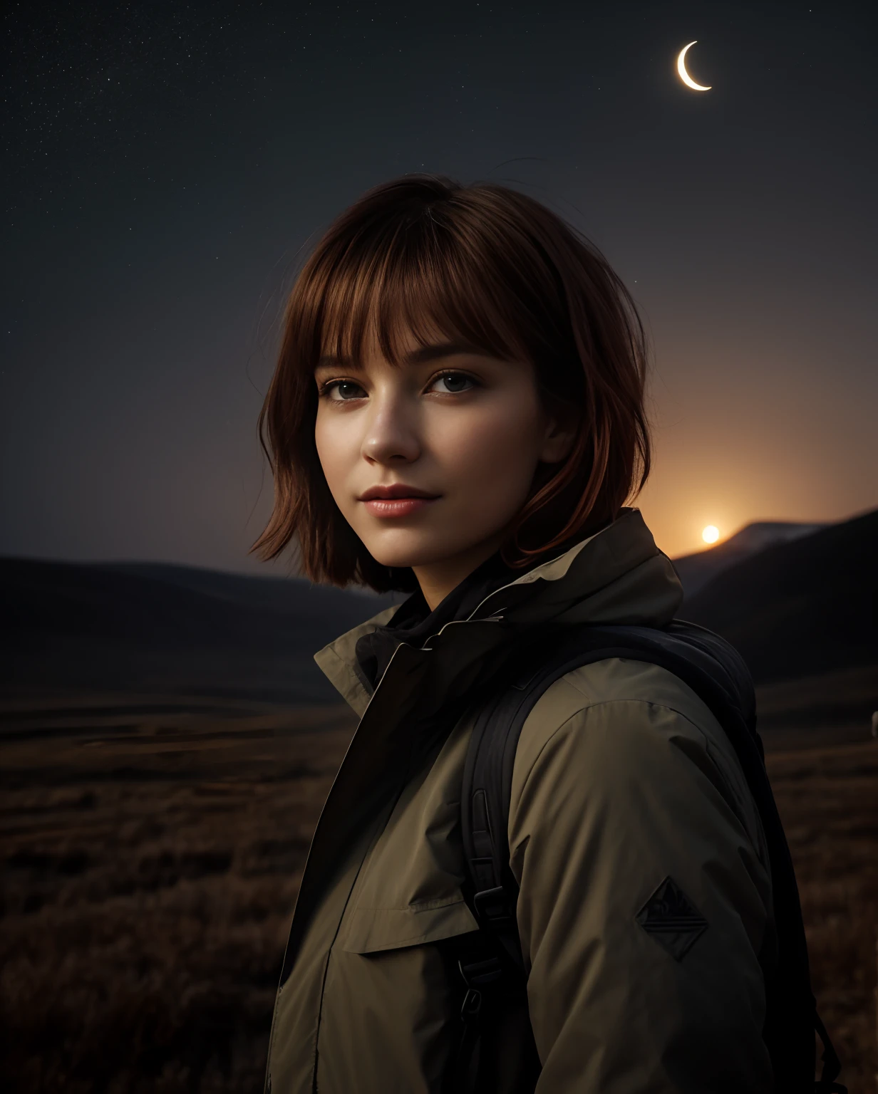 ((Top Quality, 8k, Masterpiece: 1.5)), Woman (1, 19 years old, smile, very detailed face and skin and hair texture, detailed blue eyes, double eyelids, white skin, beautiful delicate nose, red hair color, slightly longer bob cut hair, parka wearing, chinos wearing, mountain boots worn), overhead camera, sharp focus: 1.2, while emphasizing the subject's hair, eyes, mouth, action The composition is pleasing to the eye and thought-provoking. ⠀
ground, outdoor, (night view), mountain, nature, cheerful, wind, happy, backpack, tent, bonfire, forest, river, foggy atmosphere, shadow, contrast, clear sky with moon and full stars, aurora, dark background, (warm shades, warm tones), pleasant to the eye, while exuding melancholy emotions, characterized by a contrasting mix of calm tones and light and shadow, with dynamic angles, It is a thought-provoking composition.