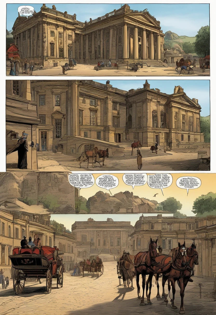 American comics, The comic story is presented in multiple irregular colored panels..ancient buildings.camelstoe.Carriage send-off.A group.royal palace.The style is exaggerated and meticulous