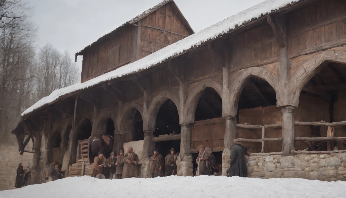 exterior of eastern european medieval stables, snow, winter, day, (best quality,4k,8k,highres,masterpiece:1.2),ultra-detailed,(realistic,photorealistic,photo-realistic:1.37) cinematic, cinematic scene from film, lively ambience, busy stables, guests arriving