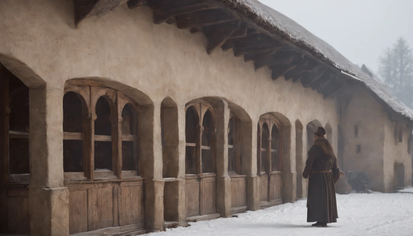 exterior of eastern european medieval stables, snow, winter, day, (best quality,4k,8k,highres,masterpiece:1.2),ultra-detailed,(realistic,photorealistic,photo-realistic:1.37) cinematic, cinematic scene from film, lively ambience, busy stables, guests arriving