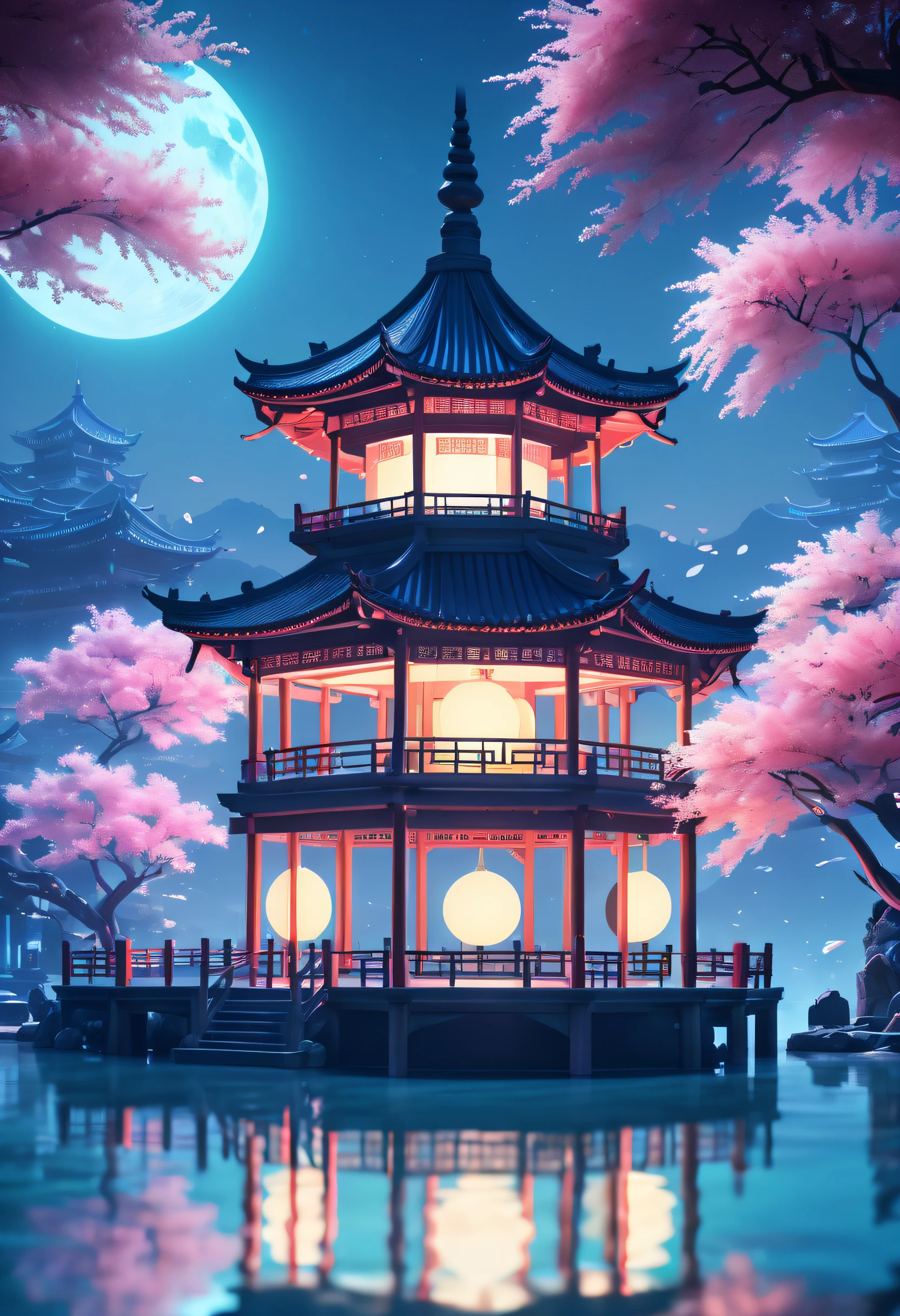 Chinese pavilion on water background, luminous 3d style anime aes- thetic, circular shapes,xing xing,romantic scenes, organic material, multidimensional shading
