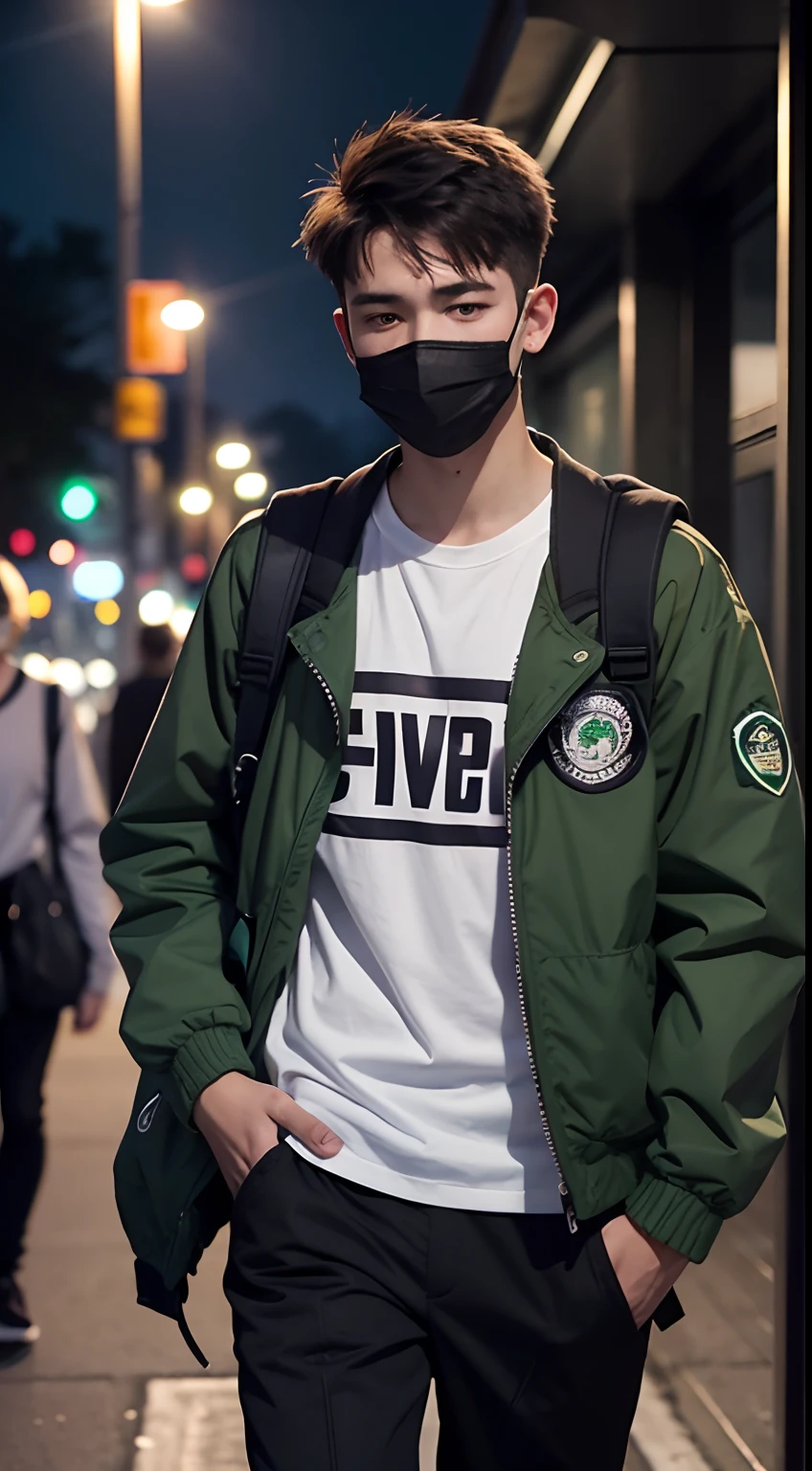 18 year old man, he is wearing a green jacket, he is wearing black trousers, he is wearing white sneakers, he is wearing a mask, he is carrying a backpack, he was outside the school at night, bustling school atmosphere, very realistic, very detailed