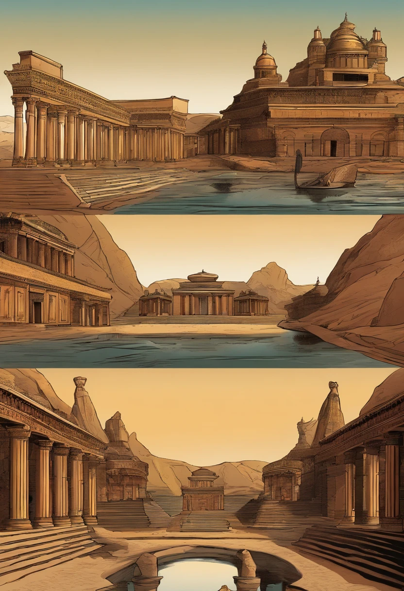 comic strip, The comic story is presented in multiple irregular colored panels..Ancient buildings.camelstoe.The emperor saw him off.The style is exaggerated and meticulous