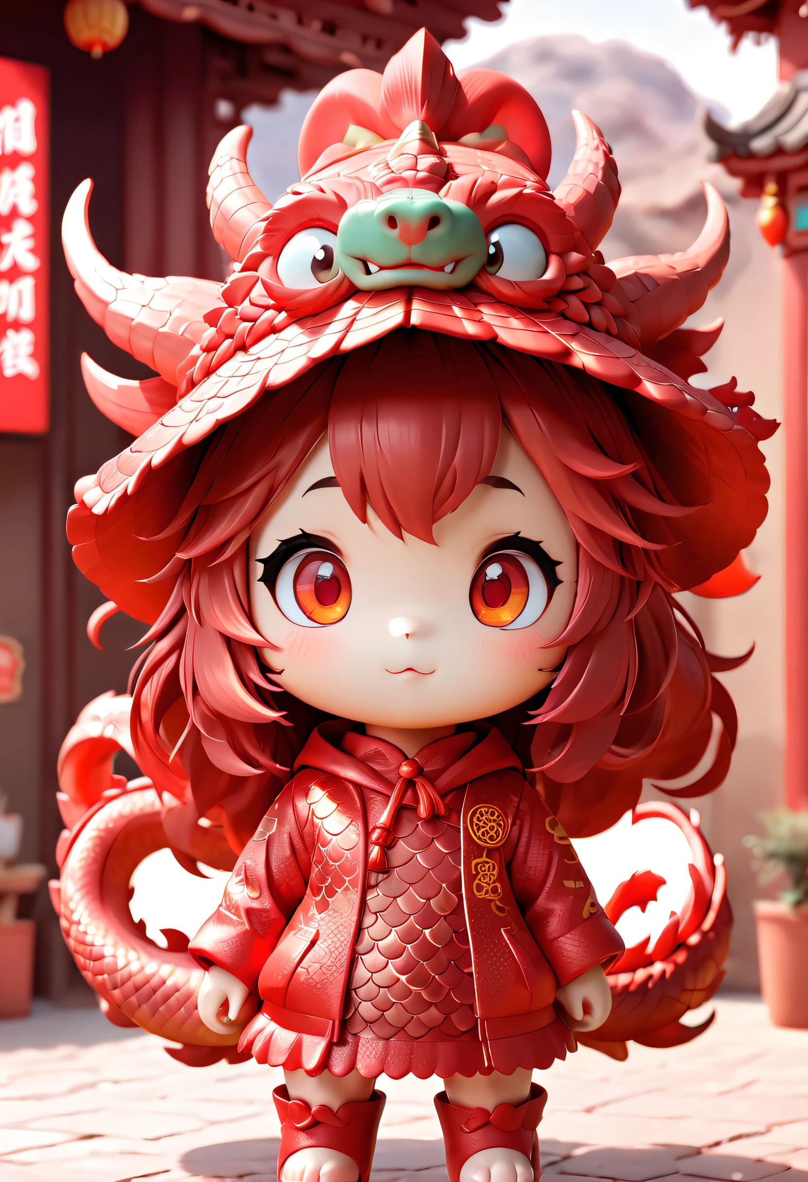 Super cute girl with Chinese dragon shaped hat, bright eyes, Red Cliff, pop mart blind box, 3d rendering，furry