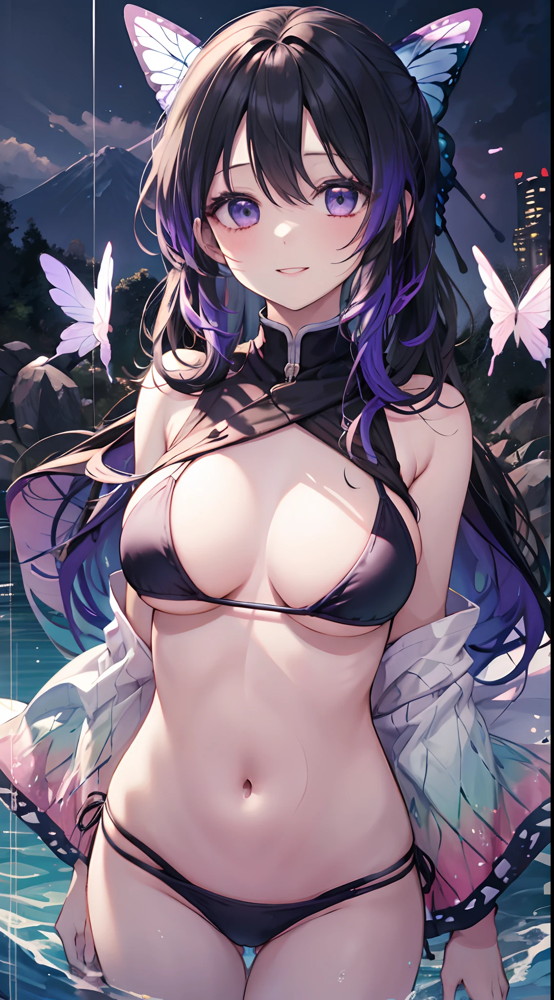 masterpiece, top-quality, hight resolution, 1girl in, 独奏, kochou shinobu, butterfly hair ornament, a purple eye, O cabelo multicolorido, shorth hair, Tie your hair,partedbangs, Bikini with butterfly pattern,haori, A smile, is standing, a river,Japan River,detailed face depiction,Beautiful facial features,dark sky,Turn to this,cowboy shot,full bodyesbian,