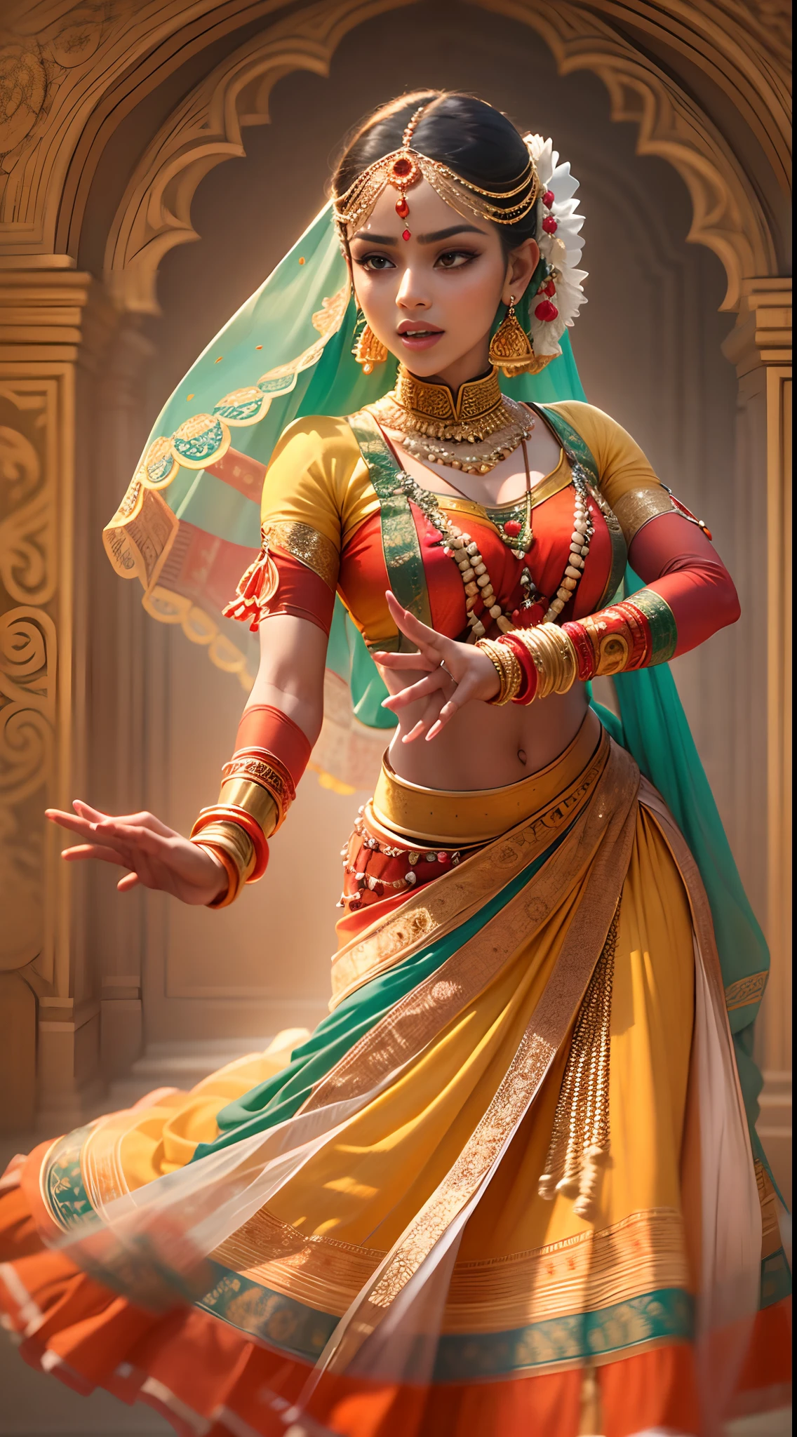 Best quality,Ultra-detailed,Realistic:1.37,Indian classical dancer,Detailed gestures,Dance gracefully and precisely,Colorful costumes,Expressive eyes,ornate jewelry,Traditional music and musical instruments,Decorate the stage，The background is bright,Floating veils and flowing movements,Impeccable footwork,Traditional makeup and hairstyle,Stunning facial expressions,Tell compelling stories through dance,Cultural heritage,Artistic performances,Graceful body movements,Traditional dance poses,Tell epic stories through dance,Lively expressions and emotions,Artistic light and shadow,Bright colors and patterns,Classical dance forms,Traditional dance poses,Graceful body movements,Delicate hand movements,Poetry in motion,Energetic and rhythmic movement,Elegant spins and turns,Poetic expression,Charming smile and facial expression,A sacred connection between dancers and music,A visual feast of Indian culture and traditions.