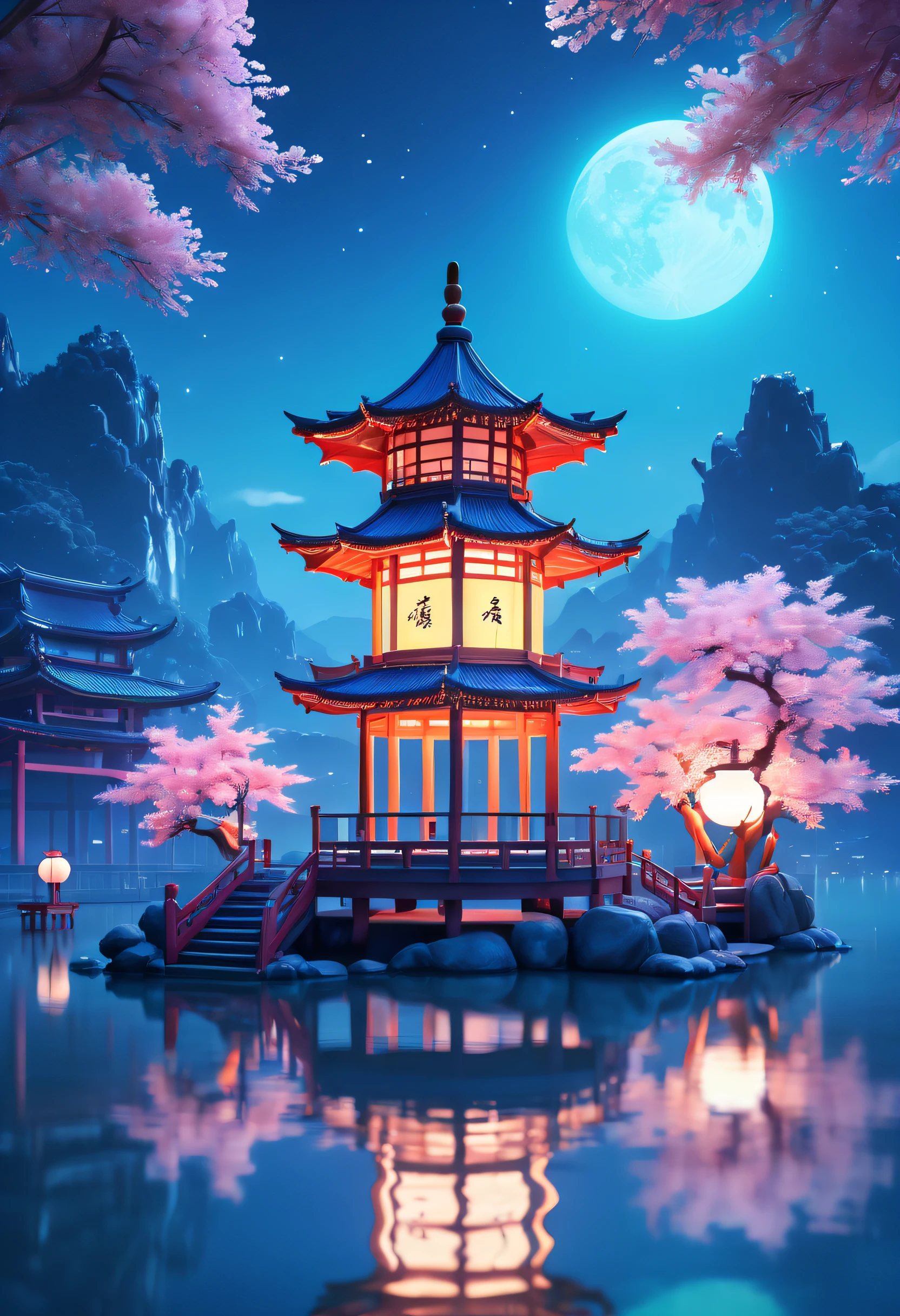 Chinese pavilion on water background, Glowing 3D style anime Aes-aesthetics, round form,xing xing,Romantic scenes, Organ ic materials, Multidimensional shading