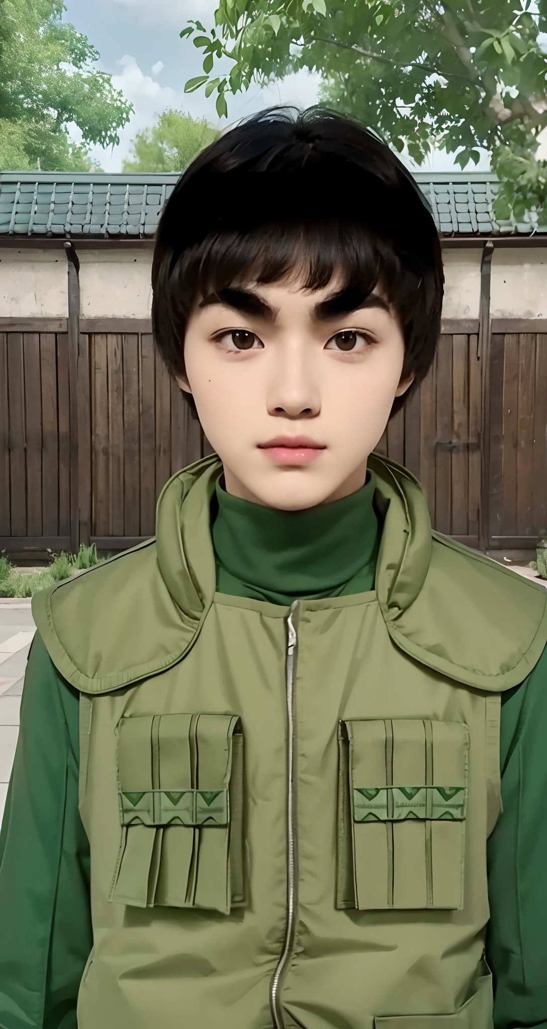 Real life adaption of this character,teen handsome face,looking to viewer,realistic same hair bowl cut ,realistic background, hyper realistic, realistic light, realistic shadow, realism,(photorealistic:1.2), (realistic same outfit wear green bulletproof vest with many pocket),thick eyebrow