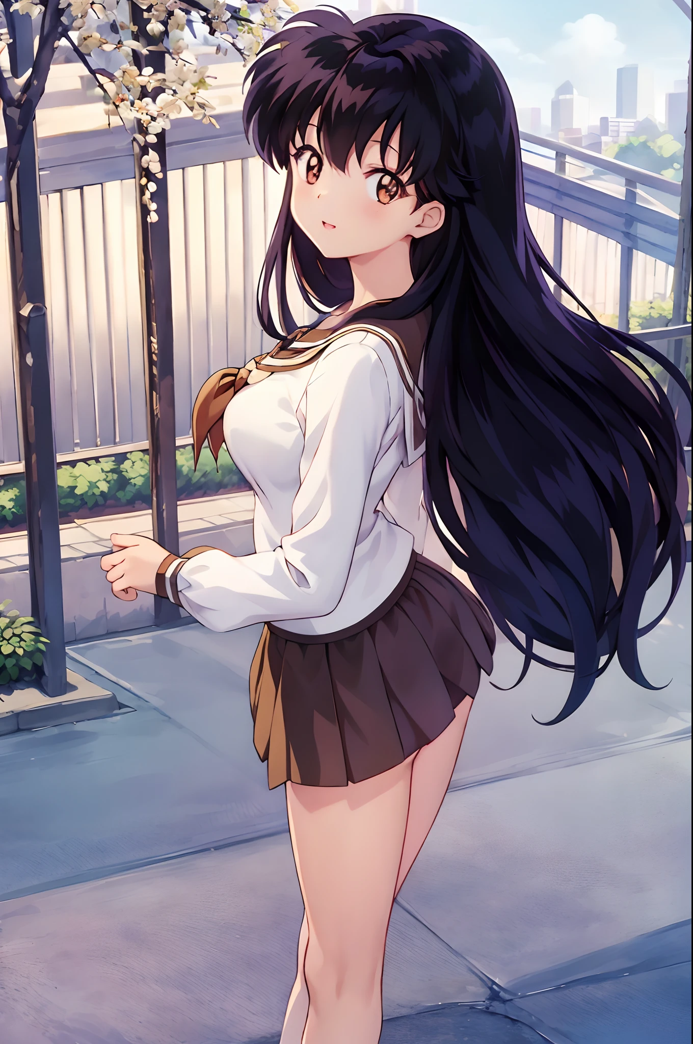 巨作, (Best Quality), 1Woman,1girl Kagome Higurashi, brown eyes, full body, photorealistic, (hyperrealistic:1.2), perfect eyes, perfect face, perfect lighting, outdoors, warm colors, city, school uniform, happy, , walking,, smile,
