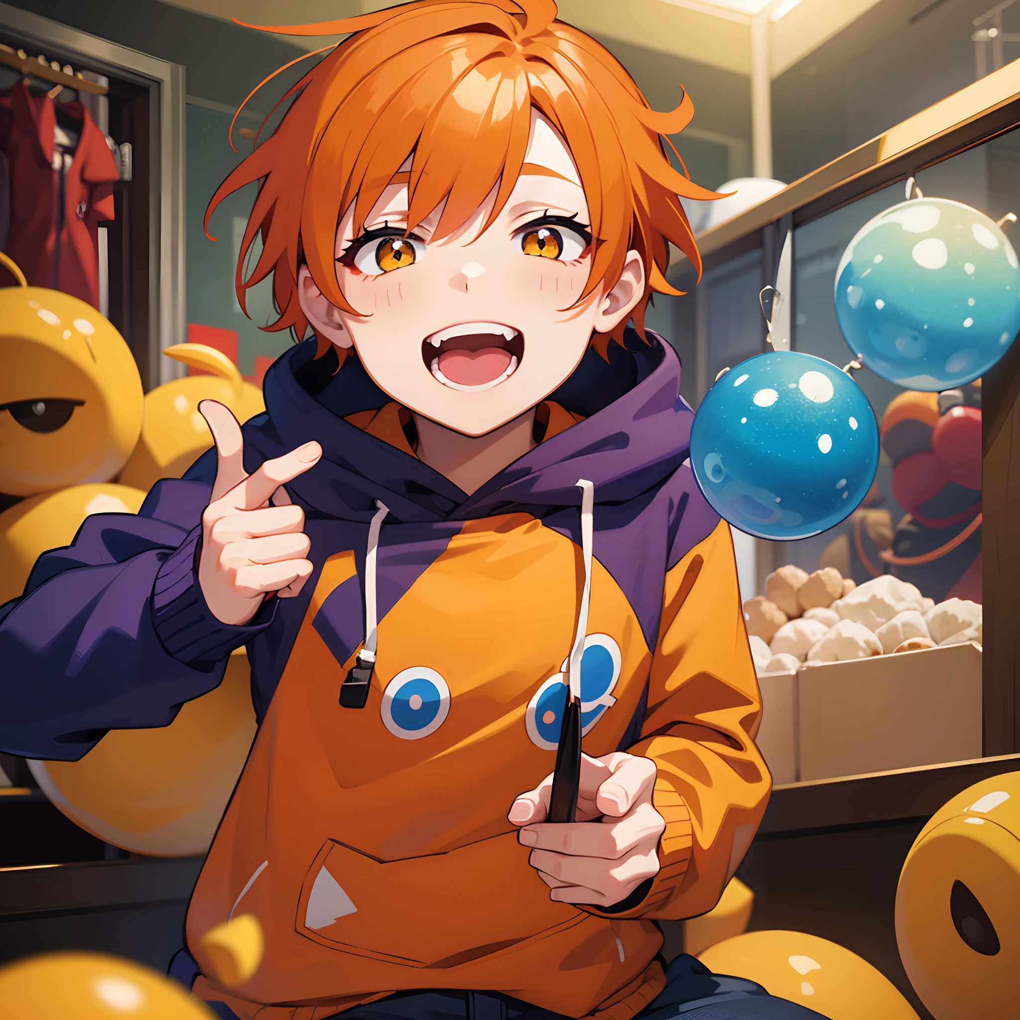 One guy　Orange hair　Yellow eyes　Eating tricolor dumplings　Smile with open mouth　Purple Hoodie　denim　animesque　double tooth　Deformed
