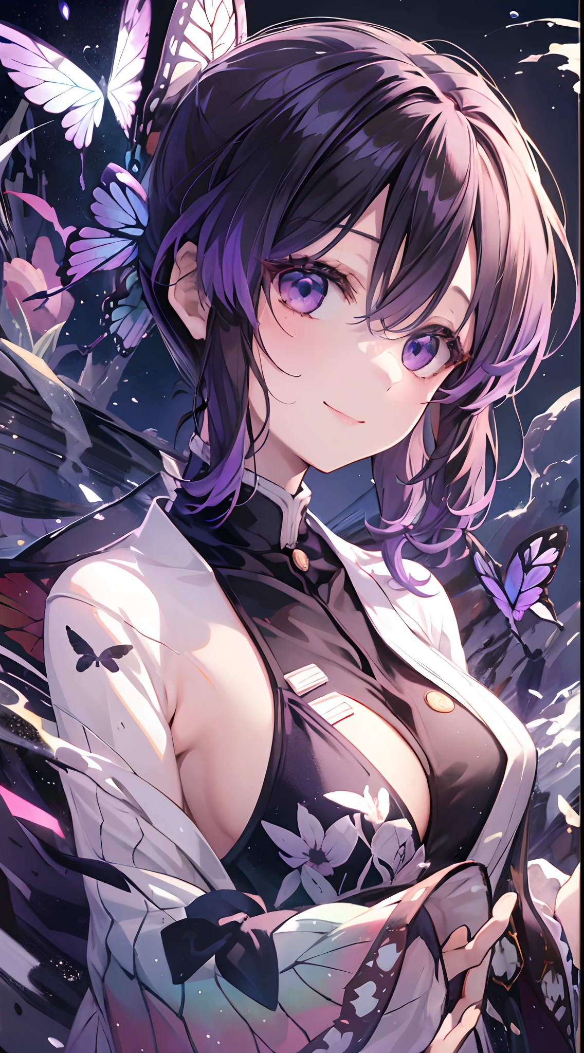 masterpiece, top-quality, hight resolution, 1girl in, 独奏, kochou shinobu, butterfly hair ornament, a purple eye, O cabelo multicolorido, shorth hair, Tie your hair,partedbangs, Bikini with butterfly pattern,haori, A smile, is standing, a river,Japan River,detailed face depiction,Beautiful facial features,dark sky,Turn to this,cowboy shot,full bodyesbian,
