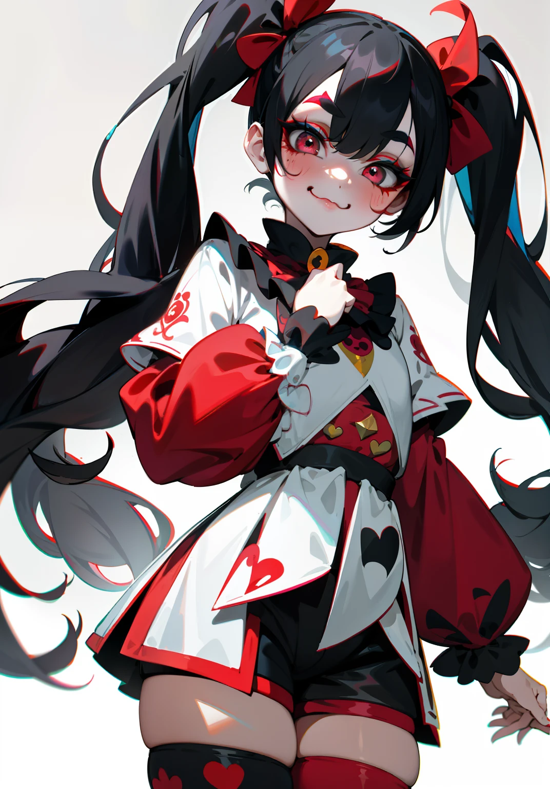 1GIRL, insane clown girl, finely detailed, (best quality), (intricate details), cute style, loli, jester style, multicolored, ((long black hair in pigtails)), best quality, ((long sleeve shirt and shorts)), ((red and white clothes)), ((jester style clothes)), ((thigh high socks)), ((round eyes)), ((has jester makeup)), beautiful face, happy, cute face, pinup, perfect face, simple background portrait