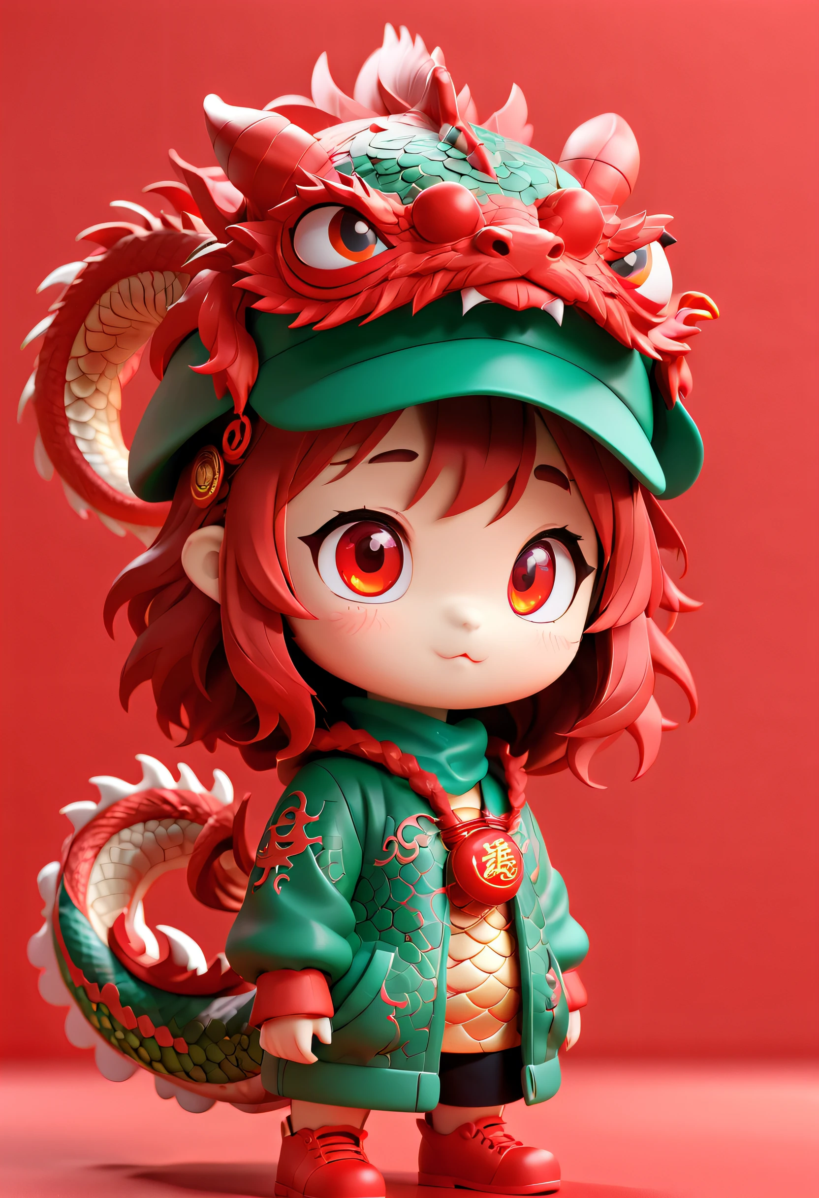 Super cute girl with Chinese dragon hat, Bright eyes, Red Wall, Pop Mart blind box, 3D rendering of，Furry