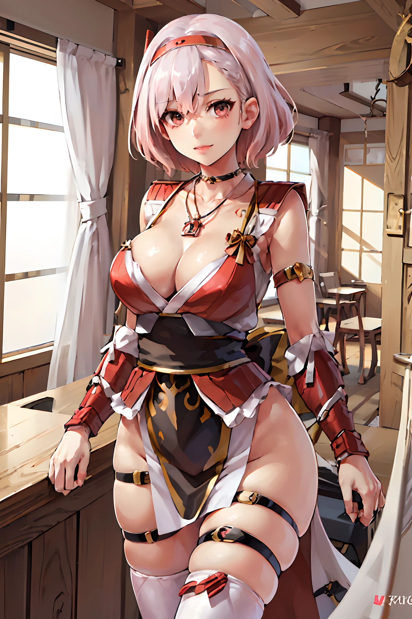 AIZUWAKAMATU,PINK HAIR, SHORT HAIR,HAIR ORNAMENT,PINK JAPANESE CLOTHES,ARMOR, (WHITE PELVIC CURTAIN:1.5),THIGH STRAP,WHITE THIGHHIGHS,KOTE,PENDANT CHOKER,BLACK PELVIC ARMOR,RED BREASTS ARMOR,OBI, 1girl, solo, upper body, large breasts, 5 fingers, detailed face, detailed eyes, detailed hair