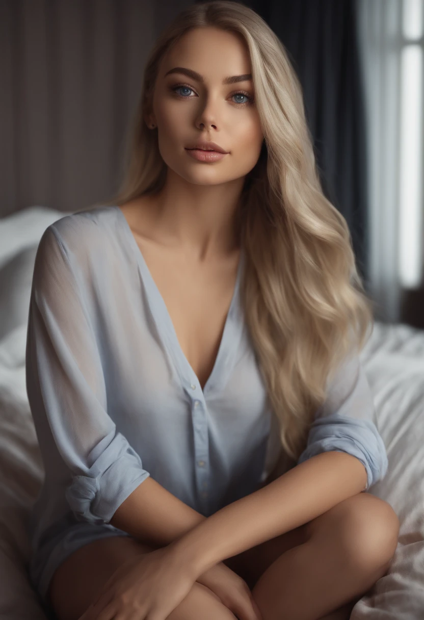 arafed woman fully , sexy girl with blue eyes, ultra realistic, meticulously detailed, portrait sophie mudd, blonde hair and large eyes, selfie of a young woman, bedroom eyes, violet myers, without makeup, natural makeup, looking directly at the camera, face with artgram, subtle makeup, stunning full body shot kneeling on bed, in bedroom, large size bust