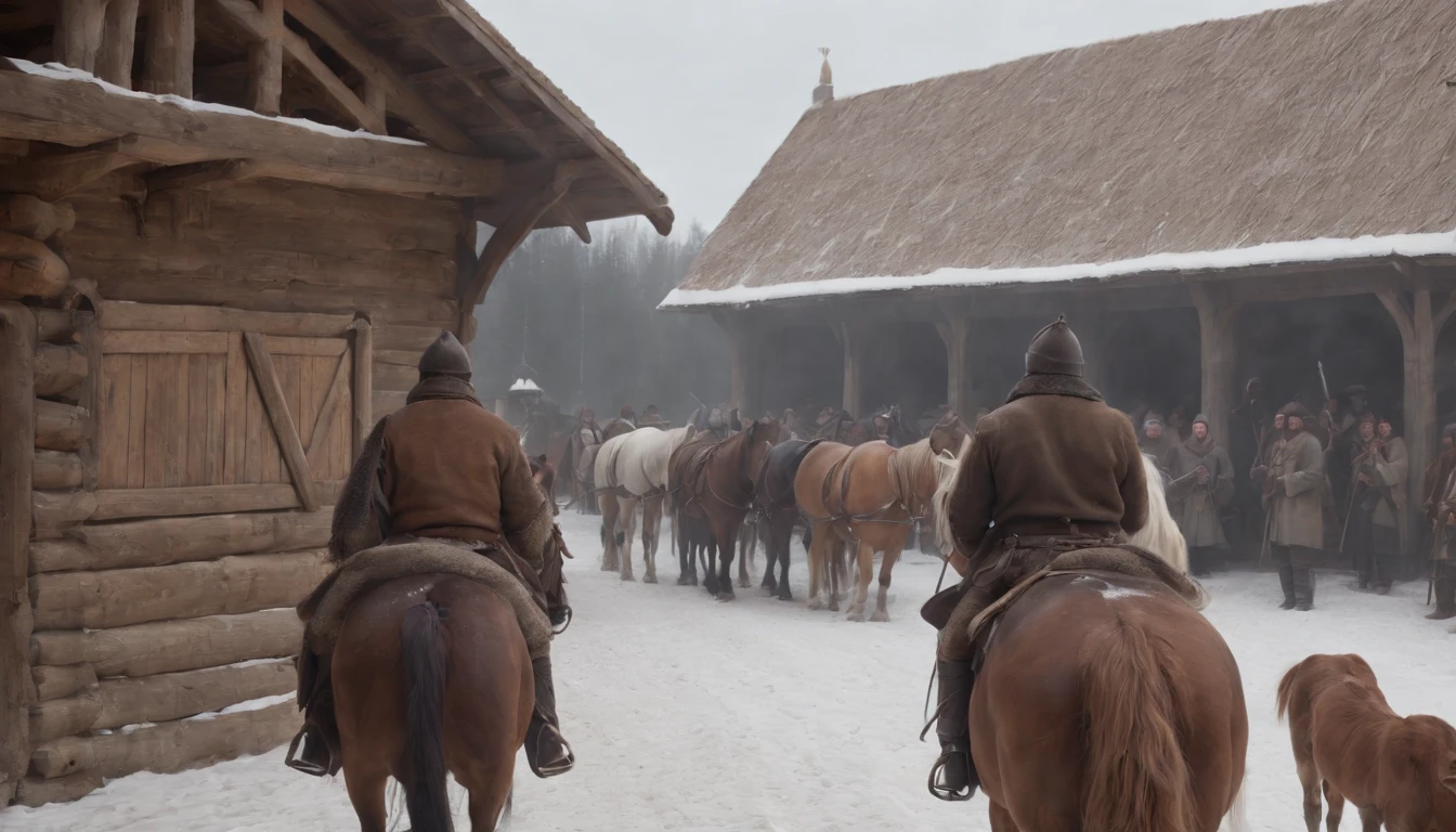 exterior of eastern european medieval stables, snow, winter, day, (best quality,4k,8k,highres,masterpiece:1.2),ultra-detailed,(realistic,photorealistic,photo-realistic:1.37) cinematic, cinematic scene from film, lively ambience, busy stables, guests arriving