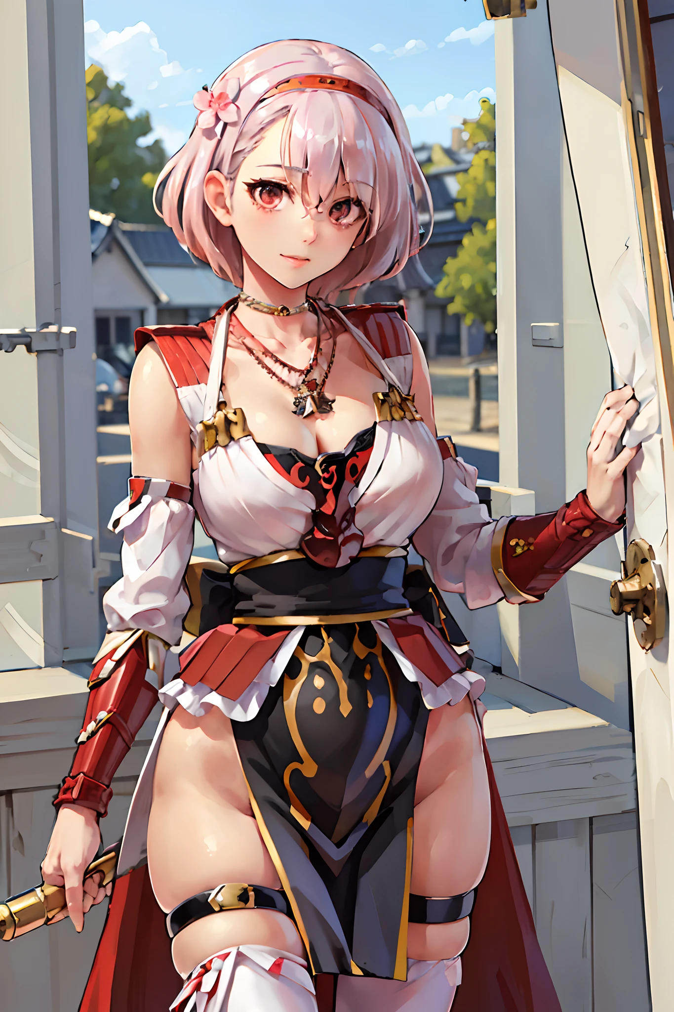 AIZUWAKAMATU,PINK HAIR, SHORT HAIR,HAIR ORNAMENT,PINK JAPANESE CLOTHES,ARMOR, (WHITE PELVIC CURTAIN:1.5),THIGH STRAP,WHITE THIGHHIGHS,KOTE,PENDANT CHOKER,BLACK PELVIC ARMOR,RED BREASTS ARMOR,OBI, 1girl, solo, upper body, large breasts, 5 fingers, detailed face, detailed eyes, detailed hair