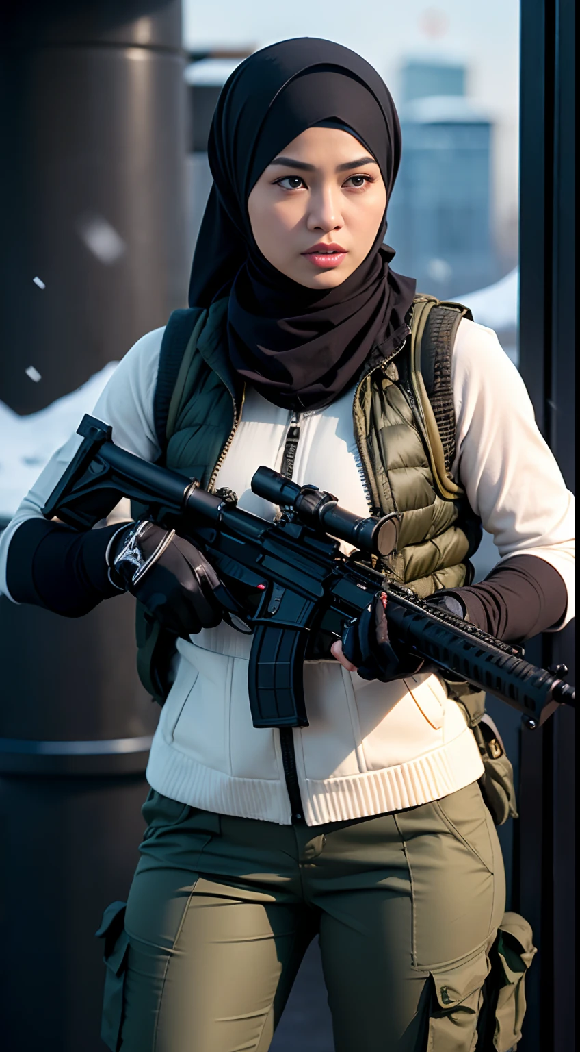 Photorealistic, high resolution, 1 malay woman in hijab, Solo, Hips up, Snow background,view the viewer, (Detailed face), White hijab, SWAT vests, sniper rifle handle, Black military uniform, bulletproof vest, Holding an assault rifle, M16, Inside the city, Very detailed, Perfect face, Black eye, jewelry