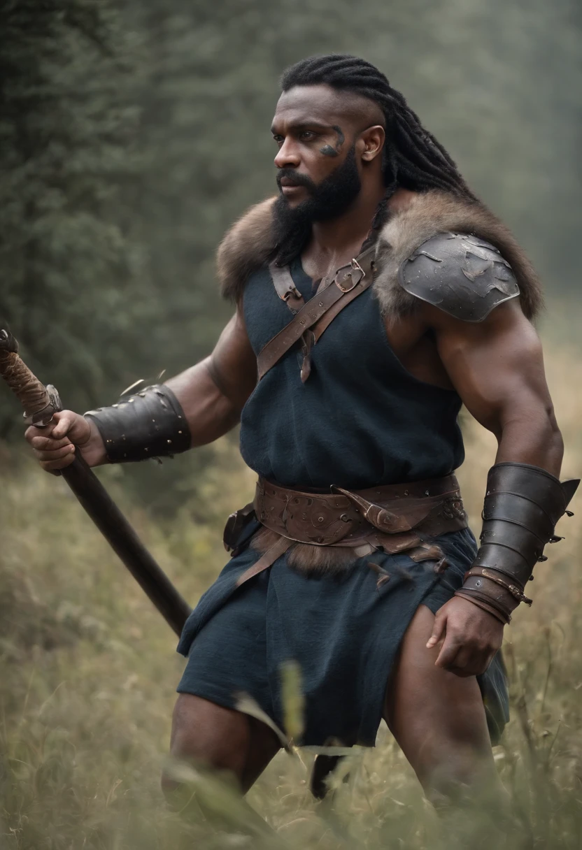 Create a Black Barbarian, com Machado de dois lados, He's extremely strong. He leads an army and his colors are blue, preto e roxo, He has few parts of a cleric's armor. Your animal ally is a red-eyed direwolf.