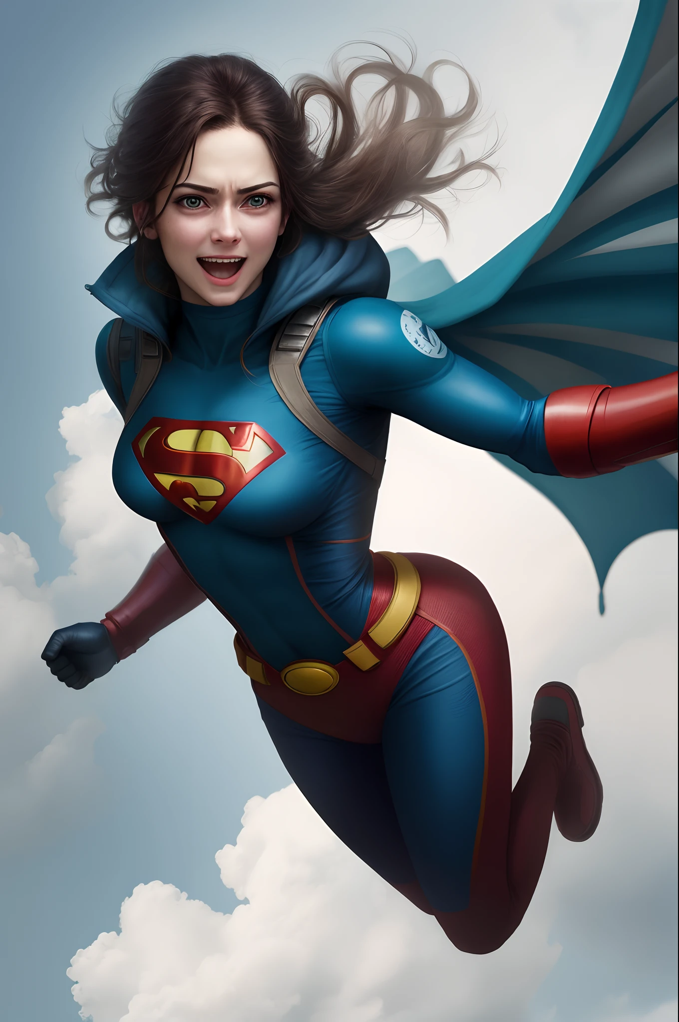 Create an ultra-realistic image of a determined but happy flying superhero