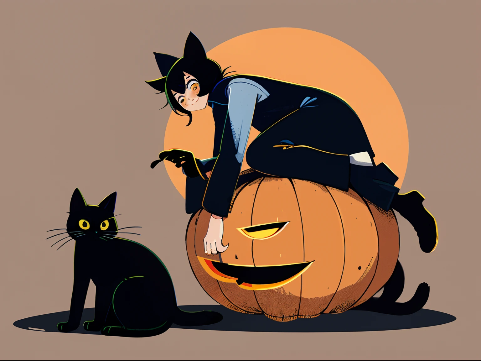 gato dentro de una calabaza, gato negro, calabaza Halloween, fundo oscuro, kawaii, anime visual, lindo arte digital detallado, gato anime, gato peludo