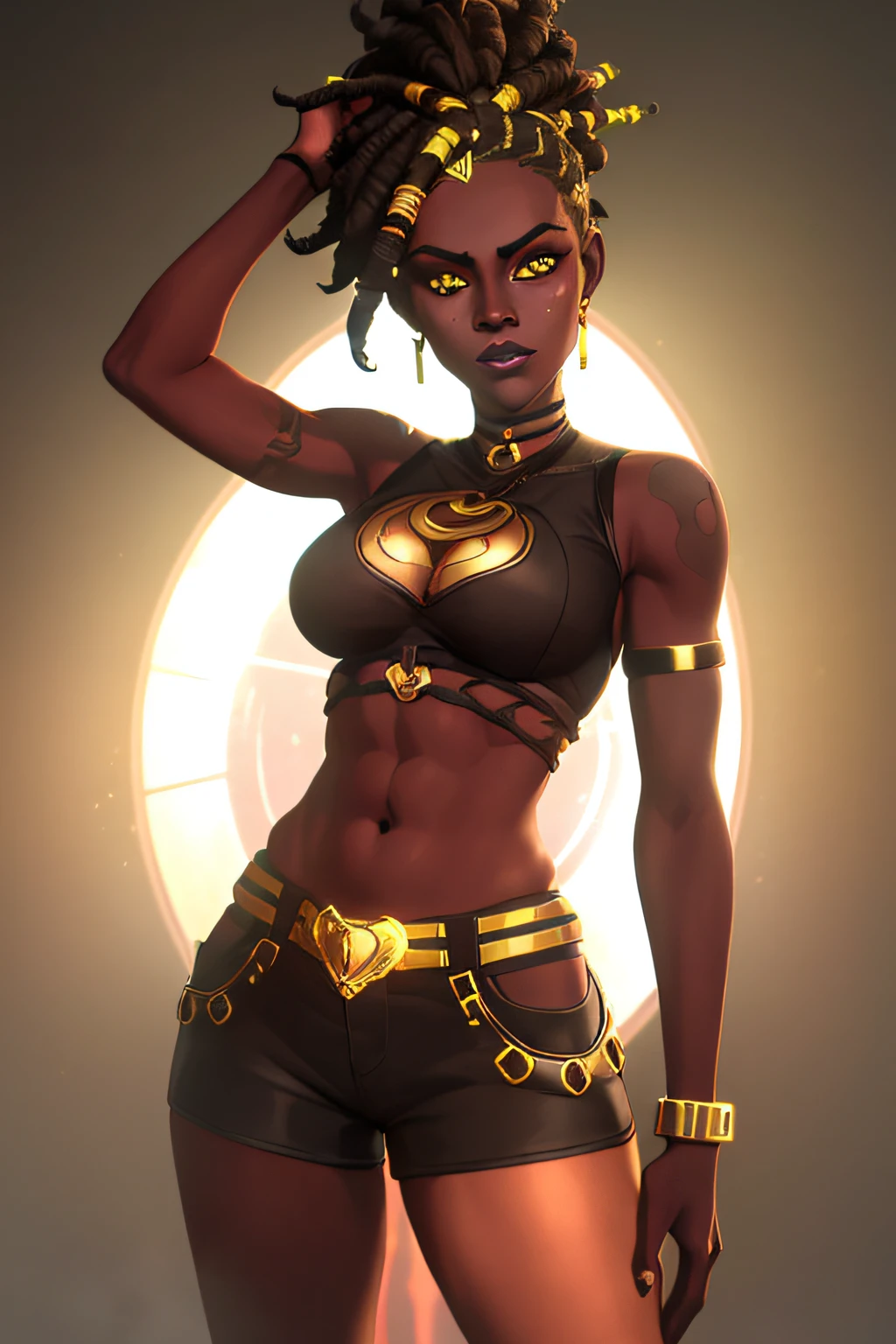 arcane style,
t-shirt art, ebony girl, Rastafarian dreadlocks, golden eyes, ((smokey background :1, 5)), vector, vivid colors, stoner girl rasta outfit character, masterpiece, best quality, intricate details, perfect symmetrical face, realistic details, gothic theme, rim light, moonlight, cinematic shading, Greg Rutkowisk