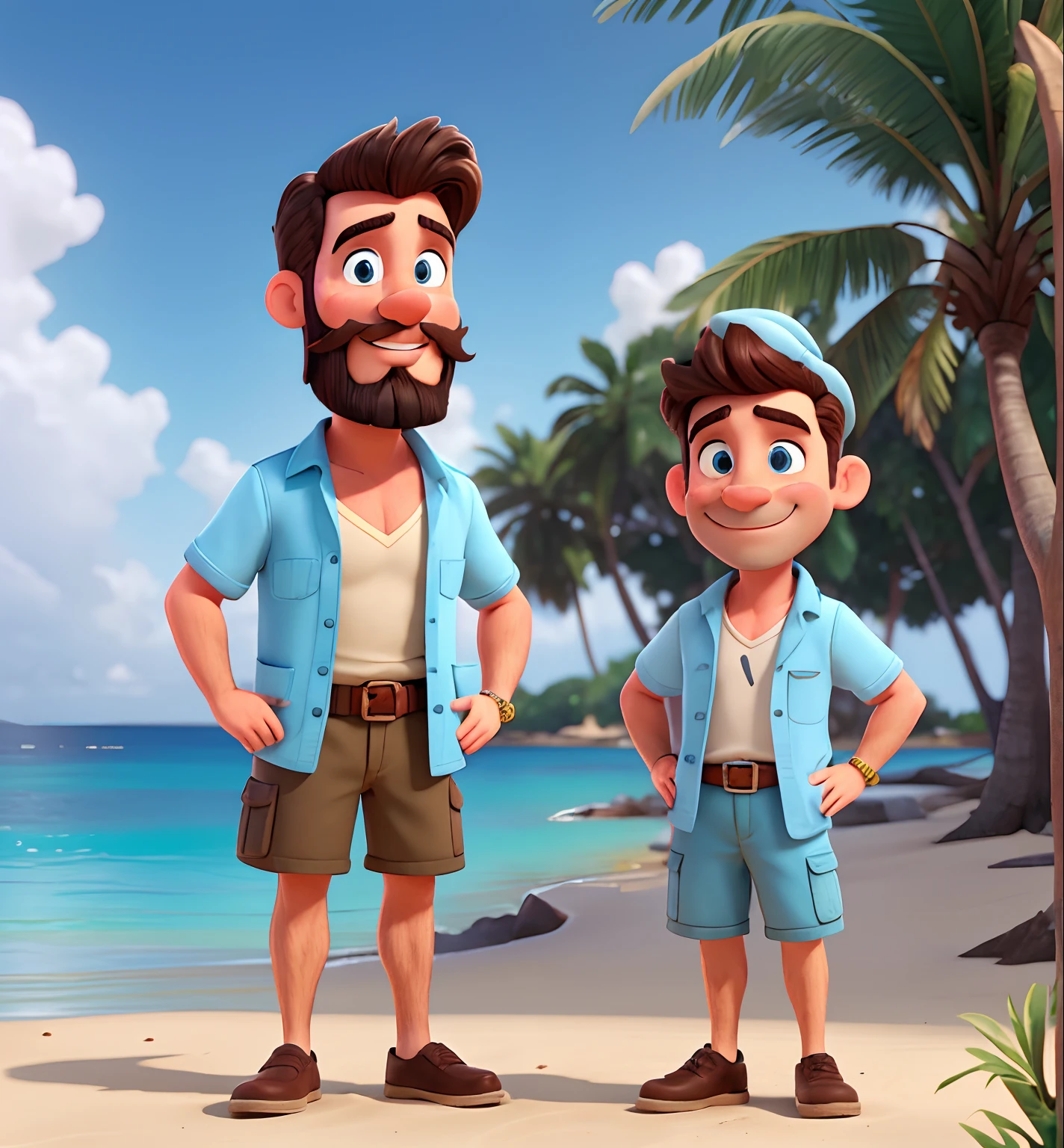 A male tourist in earlys 40's with short beard and mustache and light blue eyes on vacations around the world in full body and the two thumbs up, smiling, tropical beach clothes