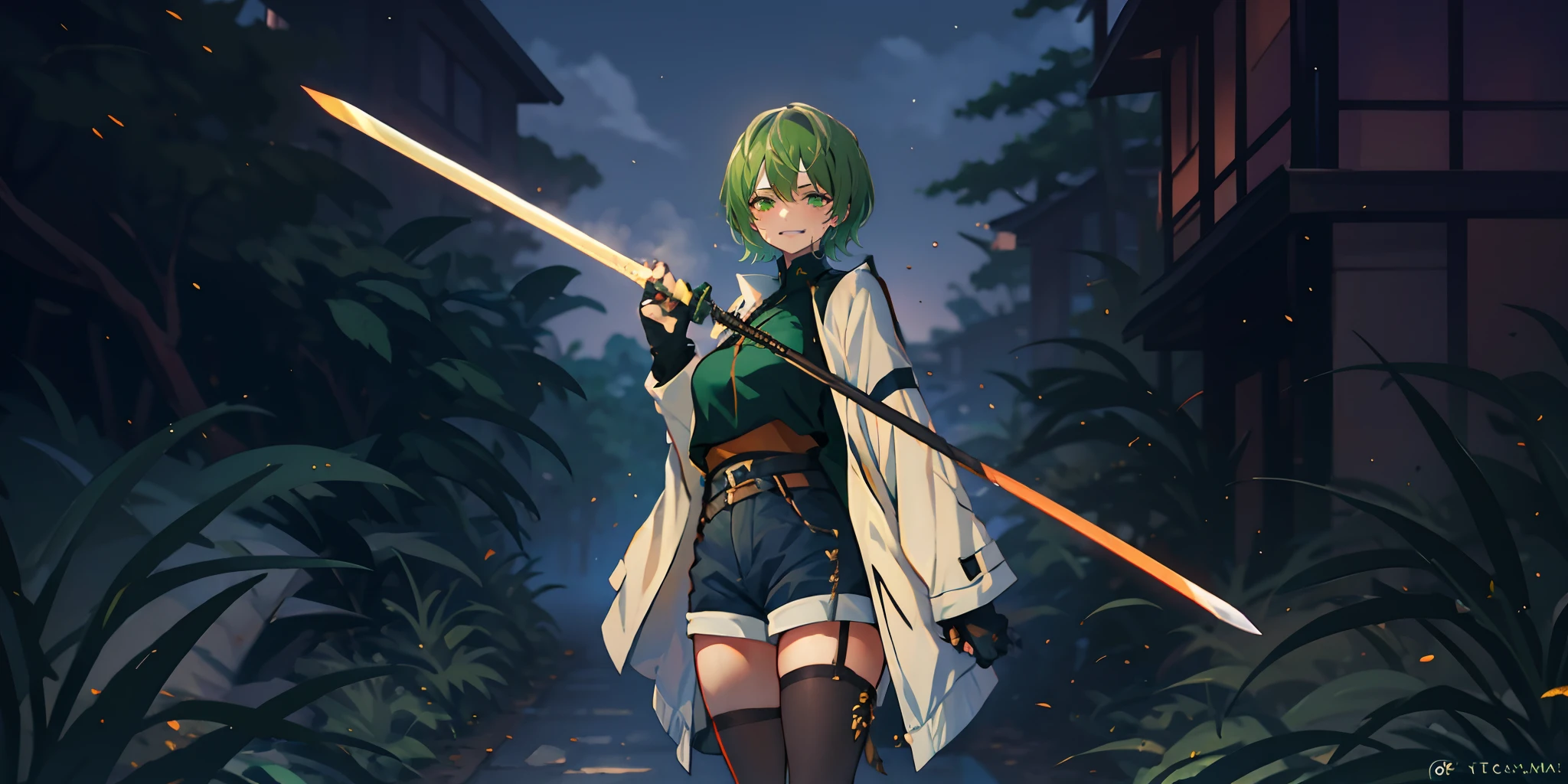tenka izumo, (short hair, green hair:1.6), green eyes, multicolored hair, sweating, glowing eyes, heavy breathing, female focus, 1girl, sword, holding, weapon, solo, gloves, holding_weapon, standing, holding_sword, thighhighs, black_legwear, looking_at_viewer, outdoors, long_sleeves, breasts, wide_sleeves, garter_straps, dual_wielding, coat, medium_breasts, night, black_capelet, white_jacket, blurry_background, black_shirt, black_skirt, open_coat, short_shorts, shorts, "glow effects, godrays, Hand drawn, render, 8k, octane render, cinema 4d, blender, dark, atmospheric 4k ultra detailed, cinematic, Sharp focus, big depth of field, Masterpiece, colors, 3d octane render, 4k, concept art, trending on artstation, hyperrealistic, Vivid colors, extremely detailed CG unity 8k wallpaper, trending on CGSociety, Intricate, High Detail, dramatic", anime coloring, anime screencap, sweating, steaming body, fog