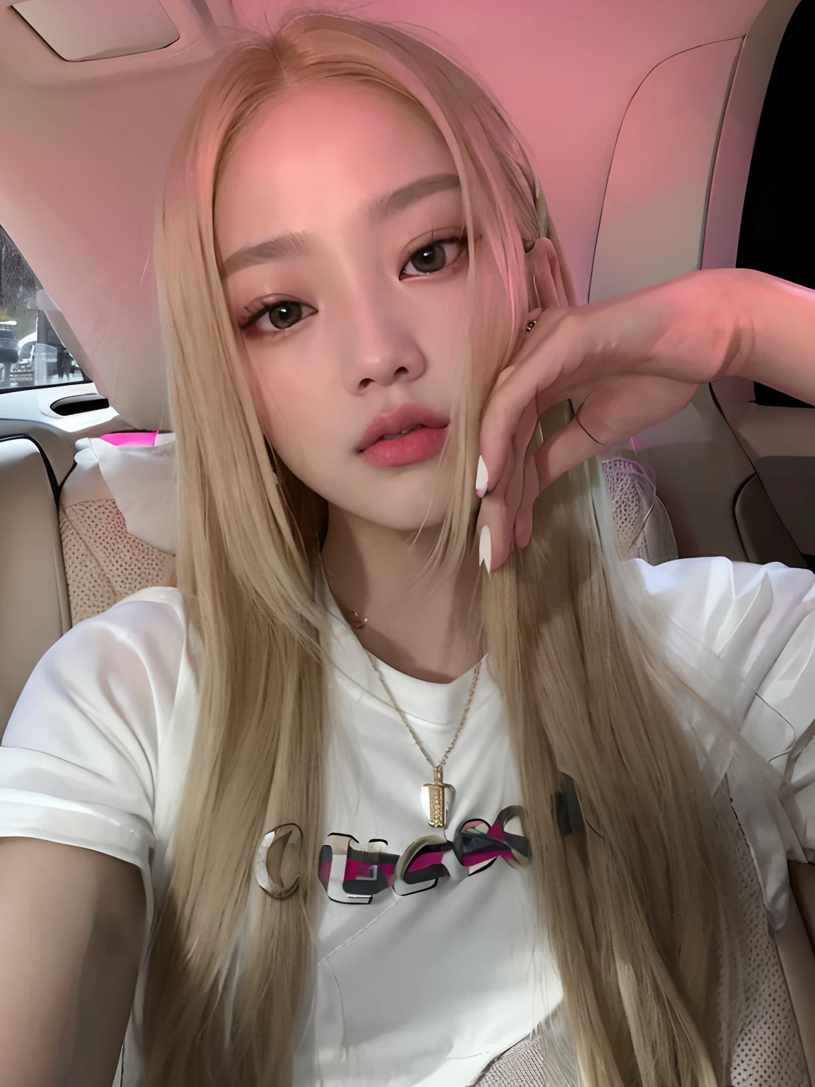 blond girl with long hair sitting in a car with a necklace on, roseanne park of blackpink, blackpink jennie, jossi of blackpink, portrait of jossi of blackpink, lalisa manoban of blackpink, lalisa manobal, her hair is white, gongbi, jinyoung shin, jaeyeon nam, blackpink, gemma chen, jia, yanjun chengt