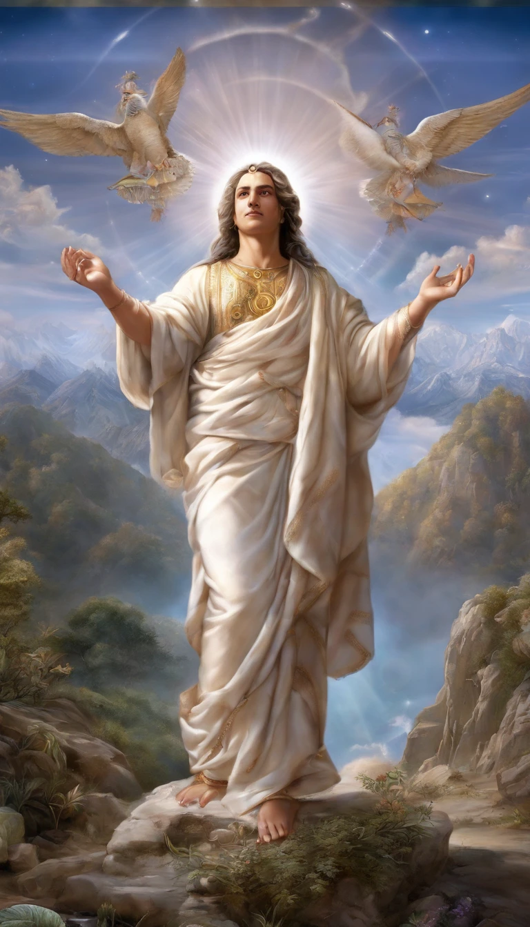 Create an image depicting God's heavenly vision, Hovering over the Earth. Imagine an environment of splendor and divine goodness. Highlight Earth as an oasis of life and beauty in space, There are clear rivers, Majestic mountains and diverse ecosystems.
God will be portrayed as a merciful figure, radiating with light,detached, Wearing gorgeous robes,with a serene expression. The background may include twinkling stars, As a symbol of the vast universe.
Convey a sense of peace, Divine care and protection of the earth. Create an environment of tranquility and love with soft and harmonious colors. This photo should inspire contemplation and respect for our planet and the sacred。.