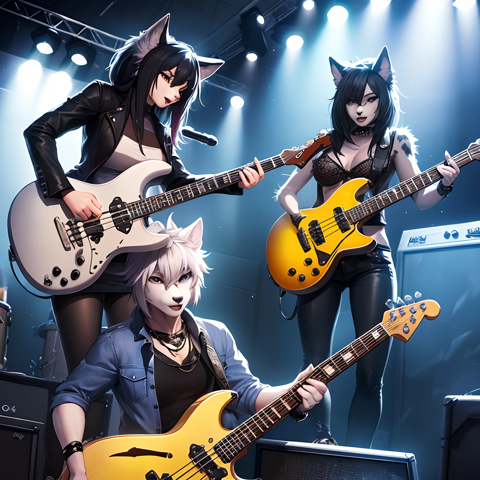 a rock band consisting of an anthro male arctic fox lead singer, an
anthro female husky playing the drums, an anthro female dalmatian playing a guitar, and an anthro male wolf playing a bass guitar 
High quality
digital art, semi-realism, extreme detail sfw
4 characters.