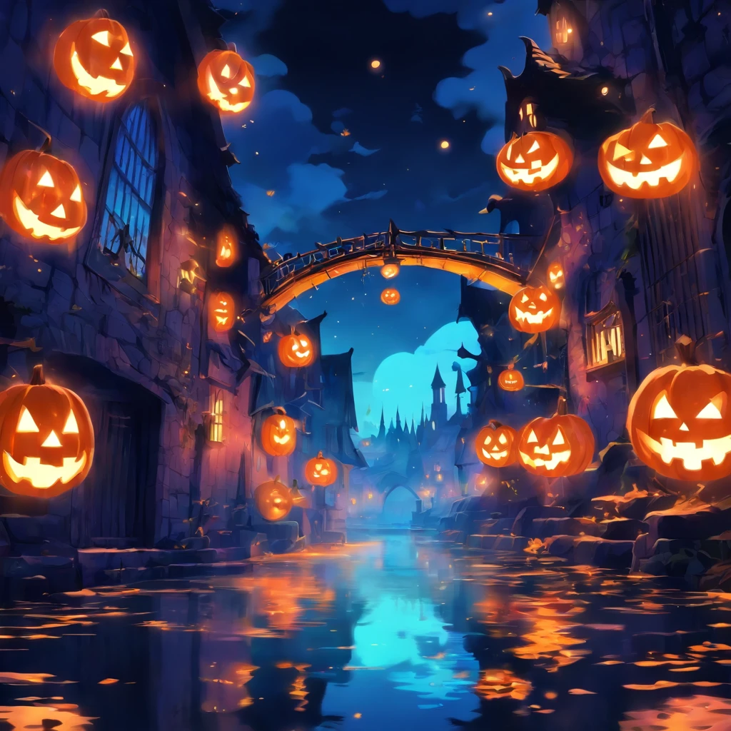 Halloween Floating Lights, Light and reflection in cinema, Fluorescent Lights, Mid-range metaverse elements，digital painting, reflection light, deliberation, Halloween Jack-o'-Lantern, calm night, digital illustration, Beautiful atmosphere., Skylights at night, The evening atmosphere is calm., Jack-O-Lantern, Halloween, night, The Moon, Game Scene, Halloween, Surrounded by clouds, Buildings in medieval Europe, painted pottery, European Union, Beautiful colors, There are three arches in the foreground.((Color Ink)), ( (splash ink ) ), ((splash ink) Inkie})), master-piece, High Quality, Beautiful graphics, high-detail,superb