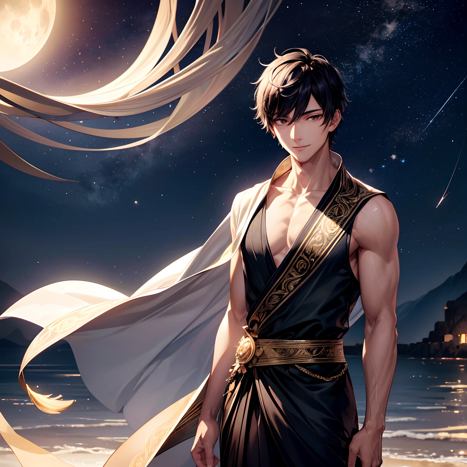 (high resolution, 8k), (adult male:1.2), black short hair, hazelnut eyes, beautiful detailed black eyes, confident smile, confident gaze, moonlit night, anime style, calm evening, glowing stars, tranquil atmosphere, gentle breeze, elegant posture, stylish clothing, mysterious background, vibrant colors, dynamic lighting