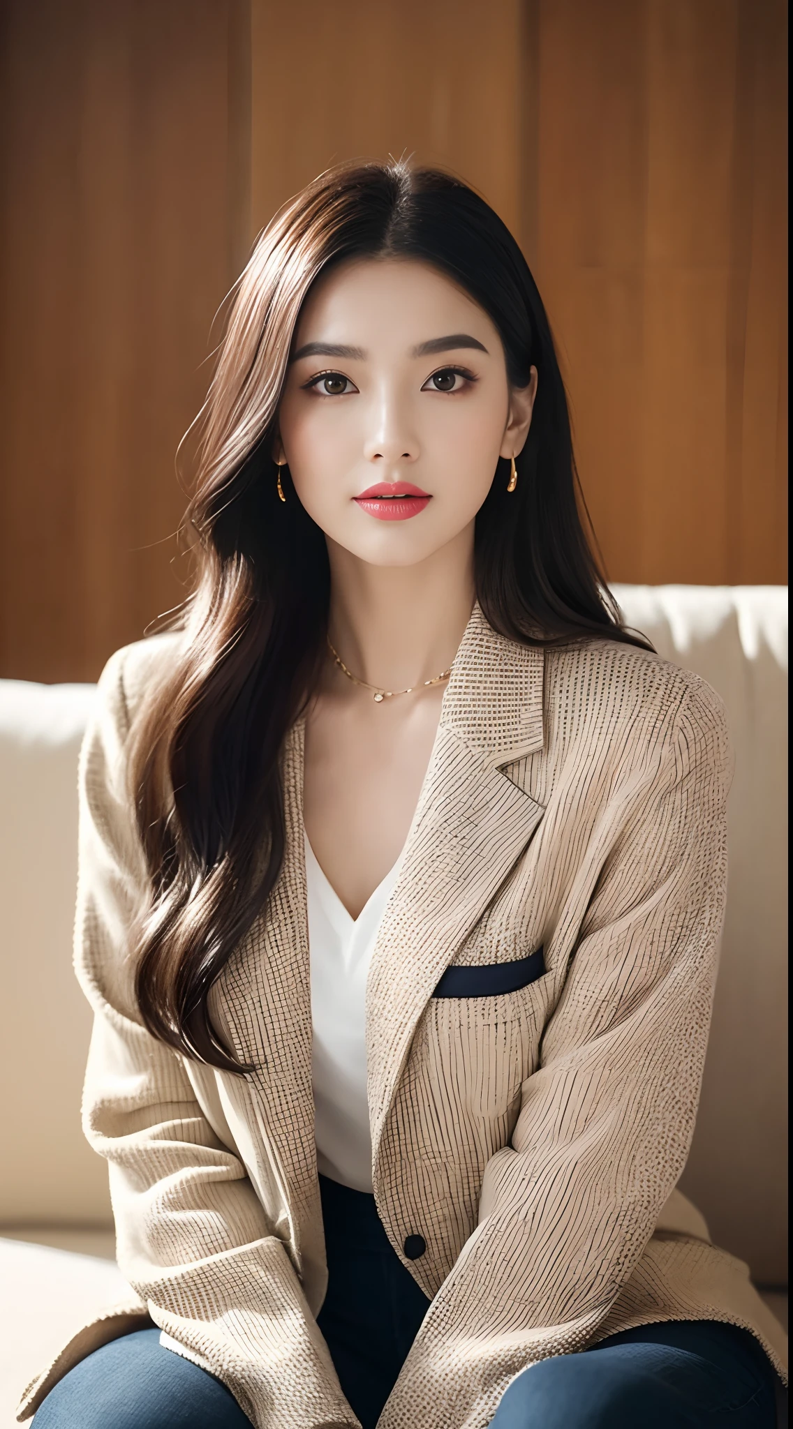 (RAW photogr:1.2),The highest quality, 超高分辨率, Female anchor，sitting in the couch，The female anchor is wearing a red blazer，Wear yours with a white shirt and black pants。The makeup is delicate and generous，Mainly light makeup，Highlight the female anchor's eyes and lips。The face shape is round，The eyes are big and spirited，The eyebrows curve naturally，Plump and rosy lips。Hair coiled，Render clean and powerful images。，indoor background