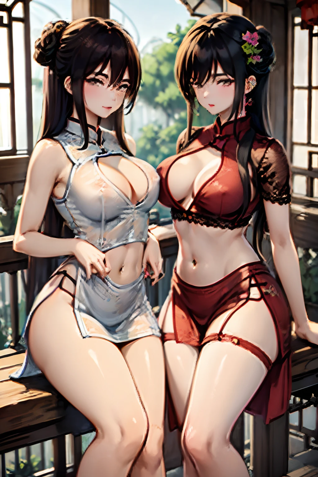 masterpiece, best quality, highly detailed, a anime girls in chinese clothes with a gun posing for a picture, china dress, ecchi anime style, anime girls, ecchi style, ecchi, digital anime art!!, in anime style, official artwork, visual novel cg, beautiful anime girl, anime style 4 k, short skirt, exposed belly, exposed navel, exposed midriff, exposed lower belly, smoking cigarette, cigarette in mouth, navel piercing