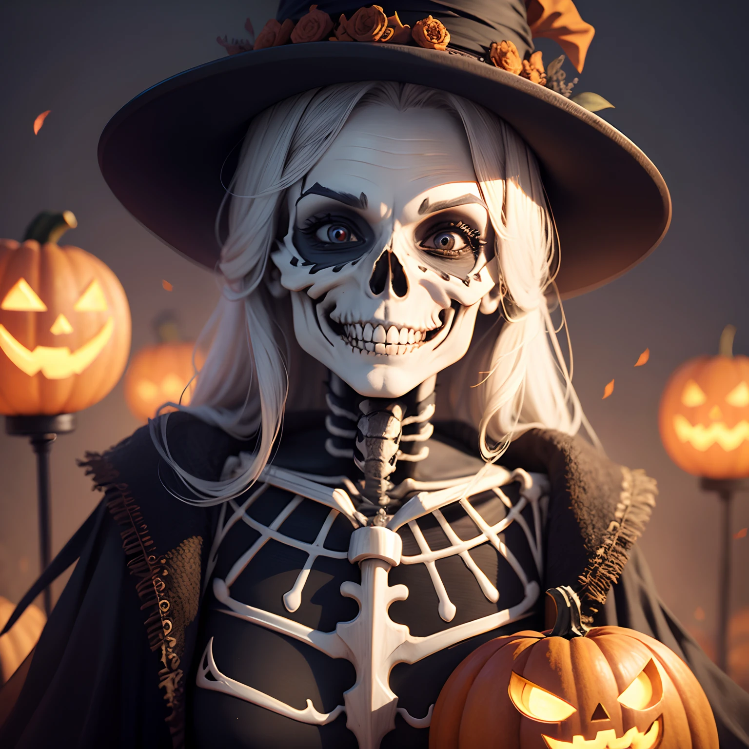 funny smiling skeleton on haloween, ultra detailed realistic photo style, dramatic colors
