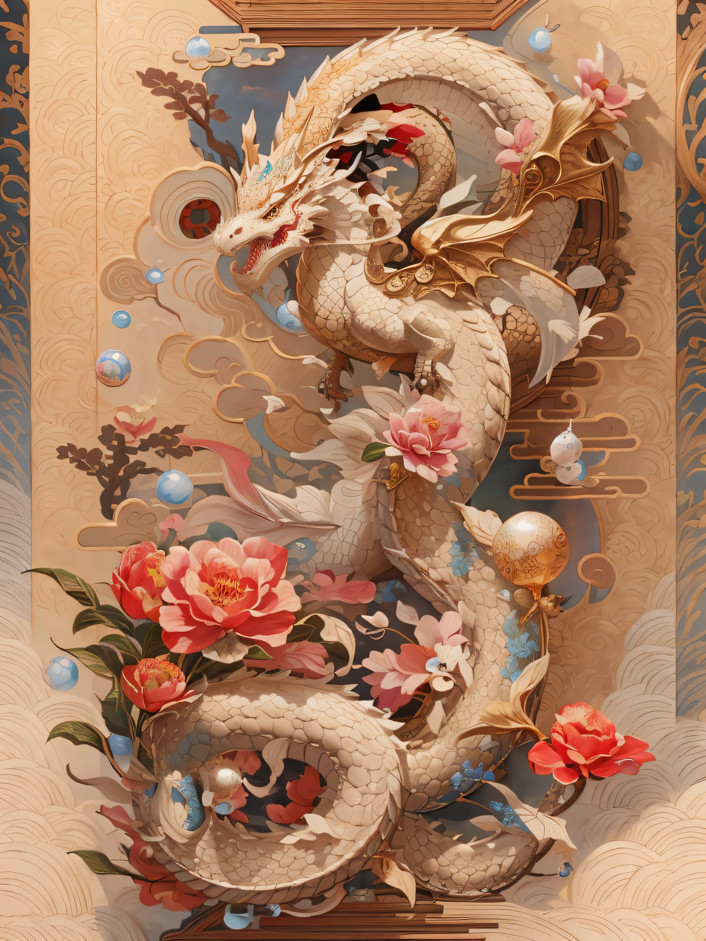 Close-up of a dragon with flowers and pearls on the wall, intricate fantasy painting, 8K high quality detailed art, Dragon Art, 4 k highly detailed art, A beautiful artwork illustration, intricate digital painting, majestic japanese dragon, chinese dragon concept art, 4k highly detailed digital art, Detailed painting 4 K, highly detailed digital artwork, 4k detailed art