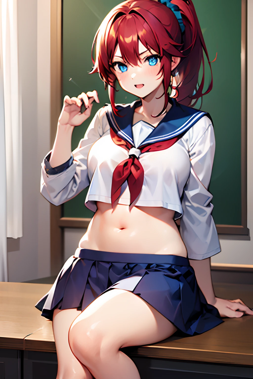 felixis, felixis d. isurugi, 1 girl, red hair, blue eyes, half sleeves, sided ponytail, hair ornament, scrunchie, sailor suit, belly button exposed, knee socks, school, sparkling eyes